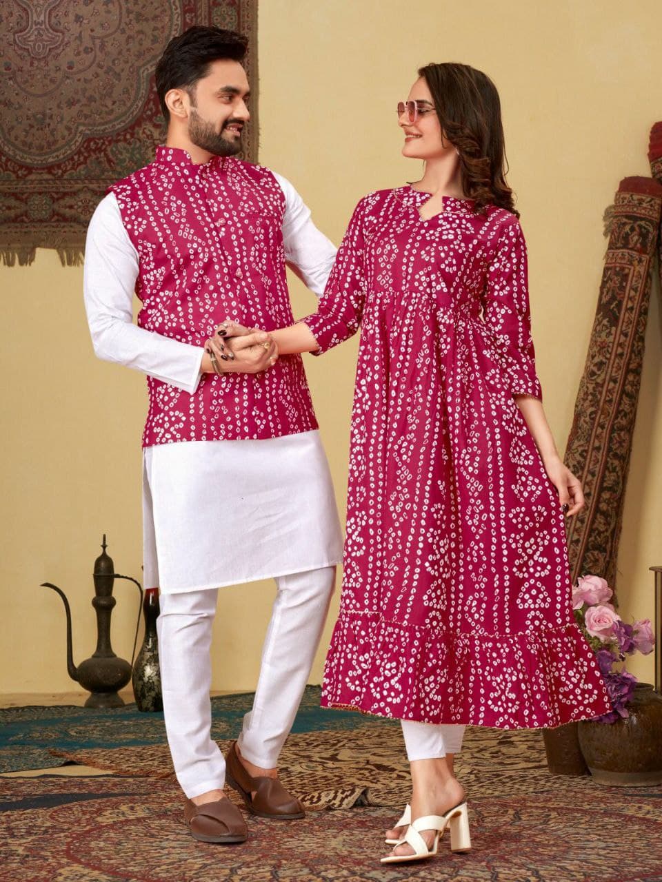 Maroon Bandhani Cotton Couple Combo – Men's Kurta & Women's Kurti Set