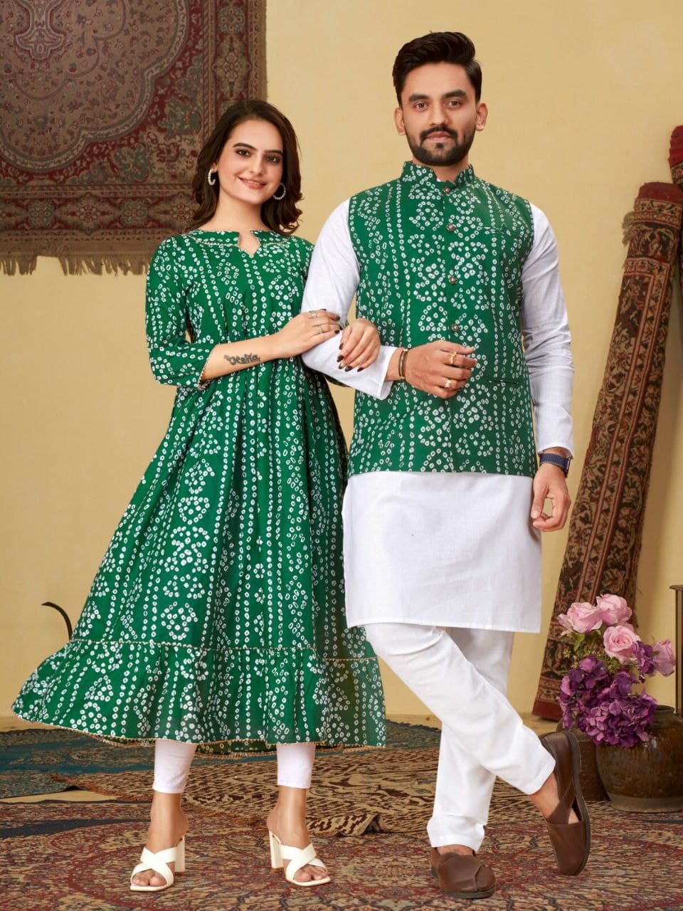 Green Bandhani Cotton Couple Combo – Men's Kurta & Women's Kurti Set