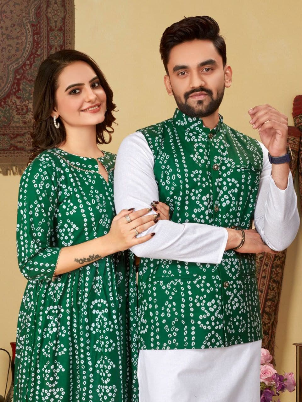 Green Bandhani Cotton Couple Combo – Men's Kurta & Women's Kurti Set