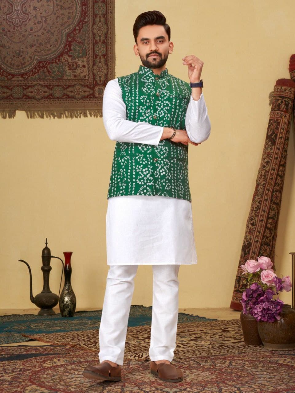 Green Bandhani Cotton Couple Combo – Men's Kurta & Women's Kurti Set