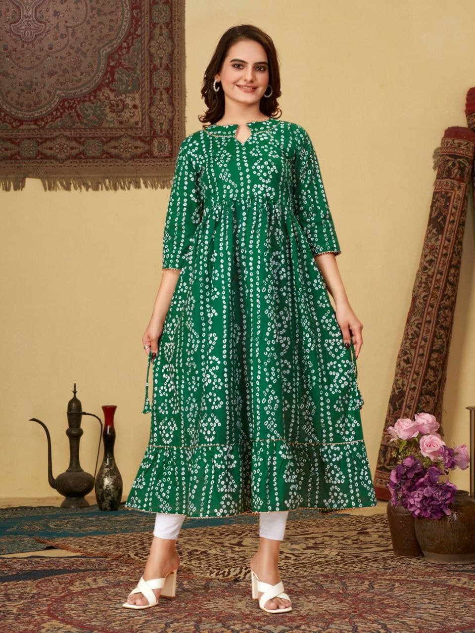 Green Bandhani Cotton Couple Combo – Men's Kurta & Women's Kurti Set