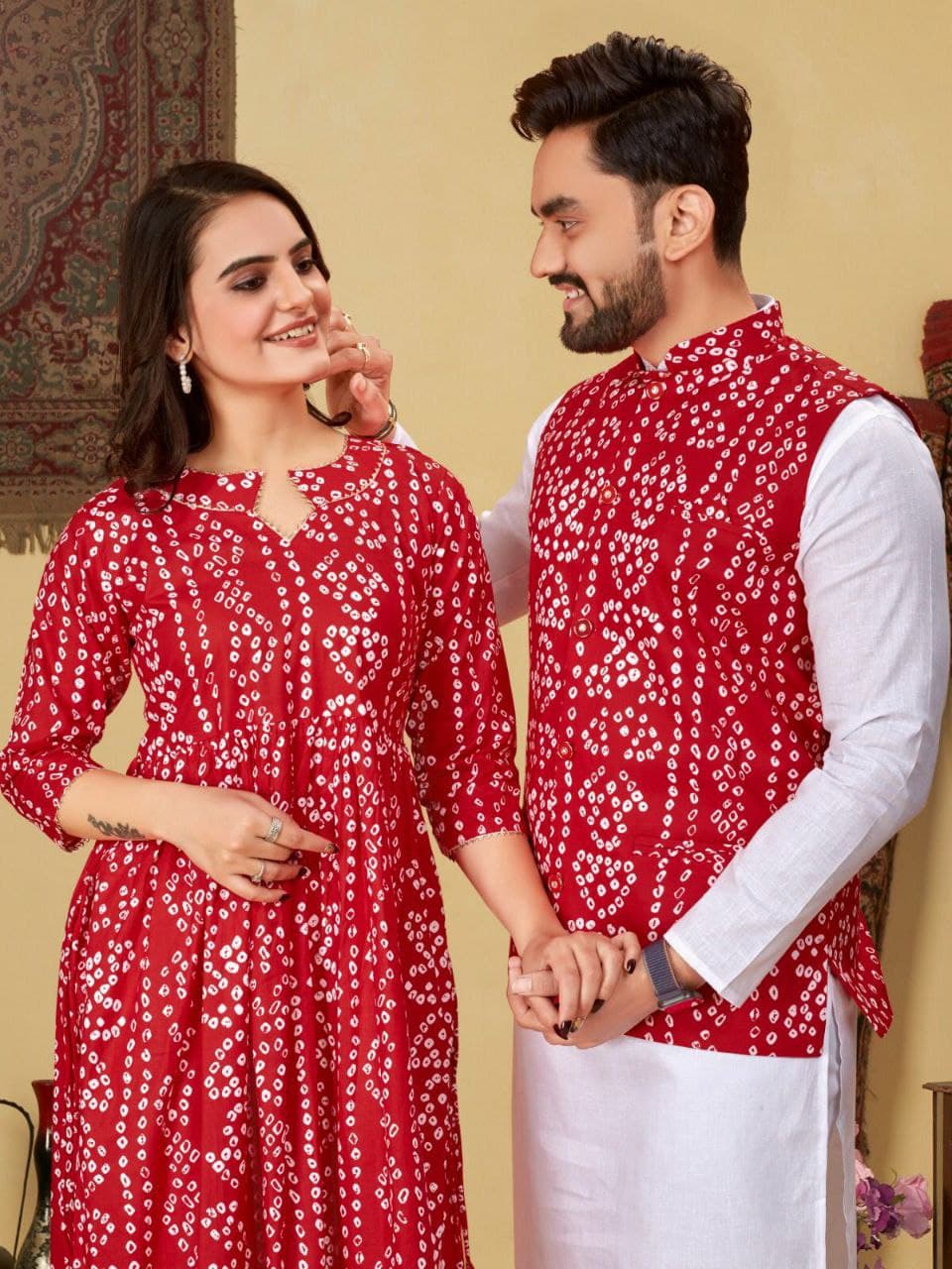 Red Bandhani Cotton Couple Combo – Men's Kurta & Women's Kurti Set