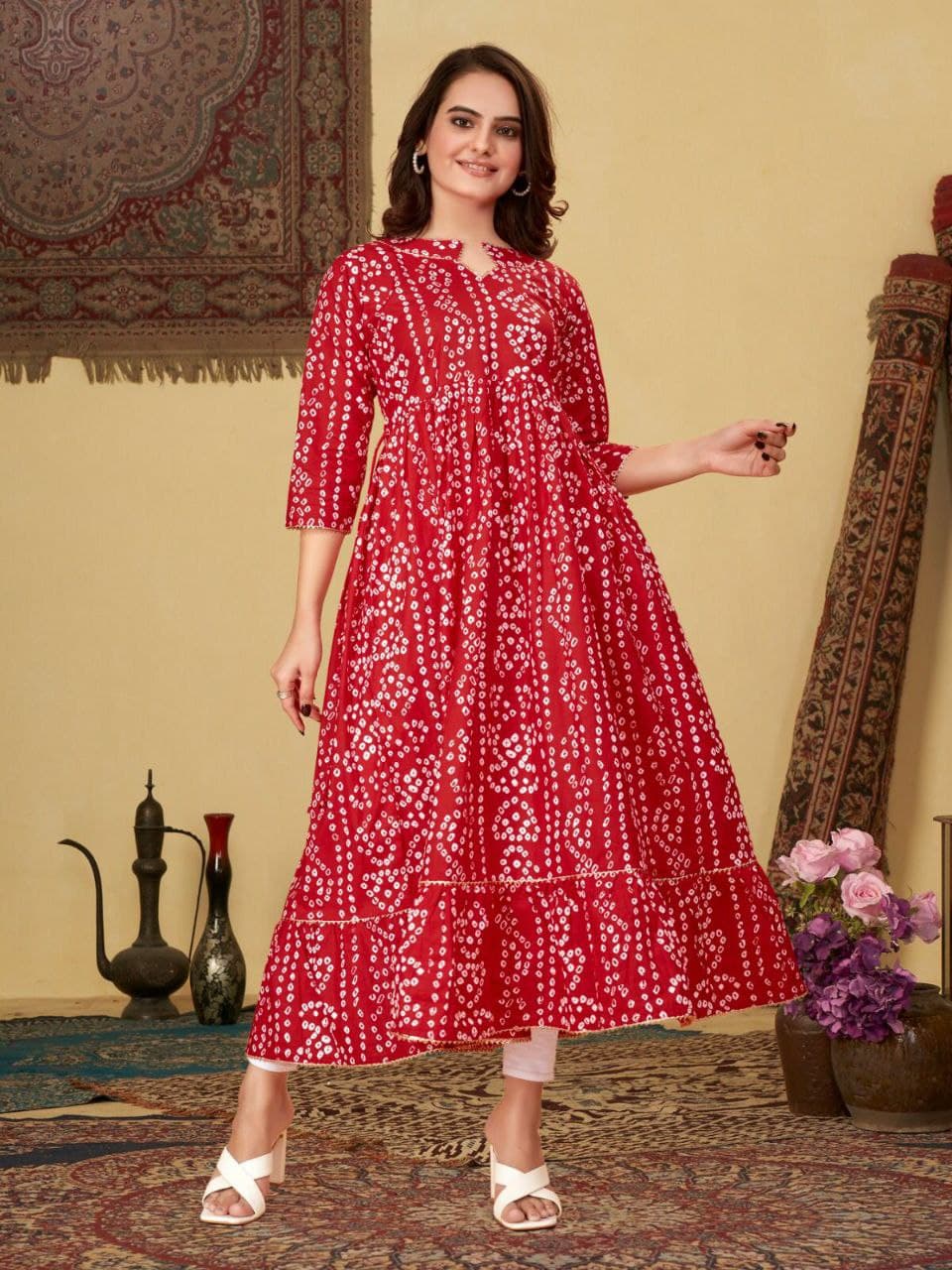 Red Bandhani Cotton Couple Combo – Men's Kurta & Women's Kurti Set