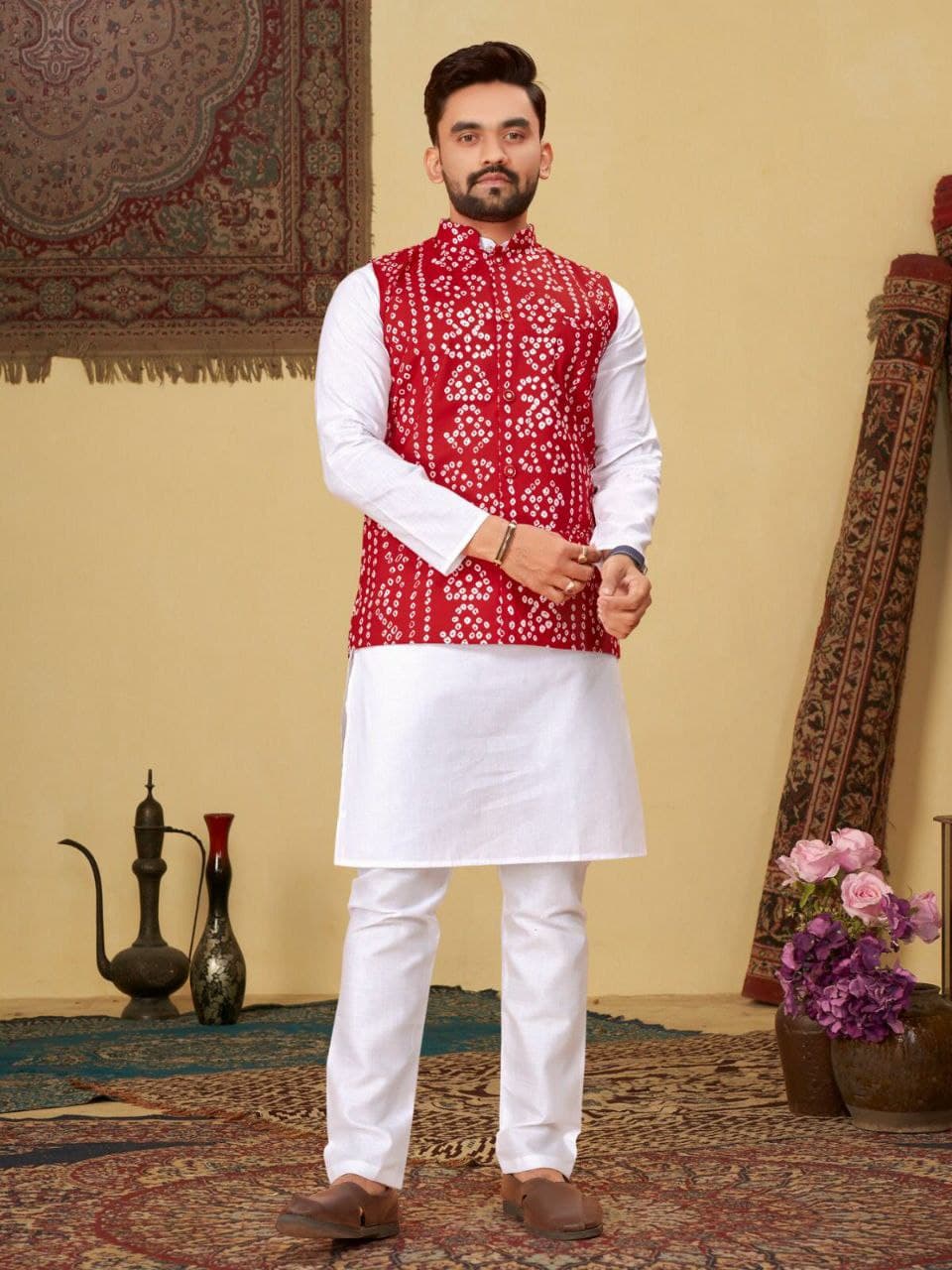 Red Bandhani Cotton Couple Combo – Men's Kurta & Women's Kurti Set