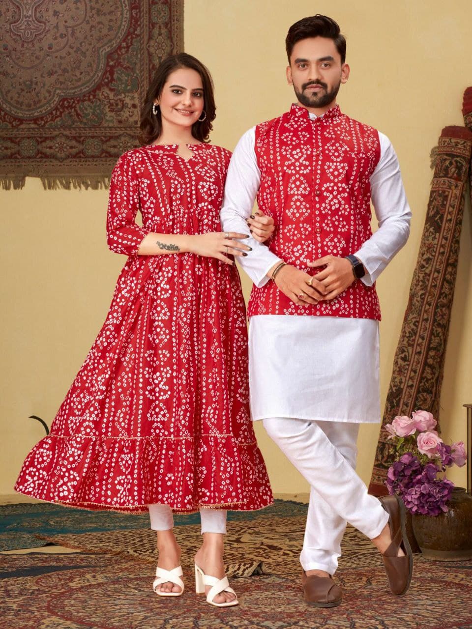 Red Bandhani Cotton Couple Combo – Men's Kurta & Women's Kurti Set