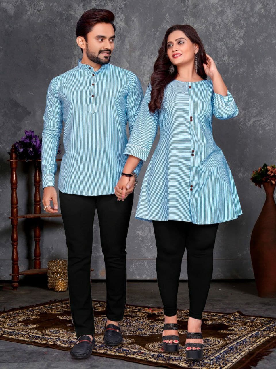 Blue Festive Couple Combo – Men's Short Kurta & Women's Tunic Top