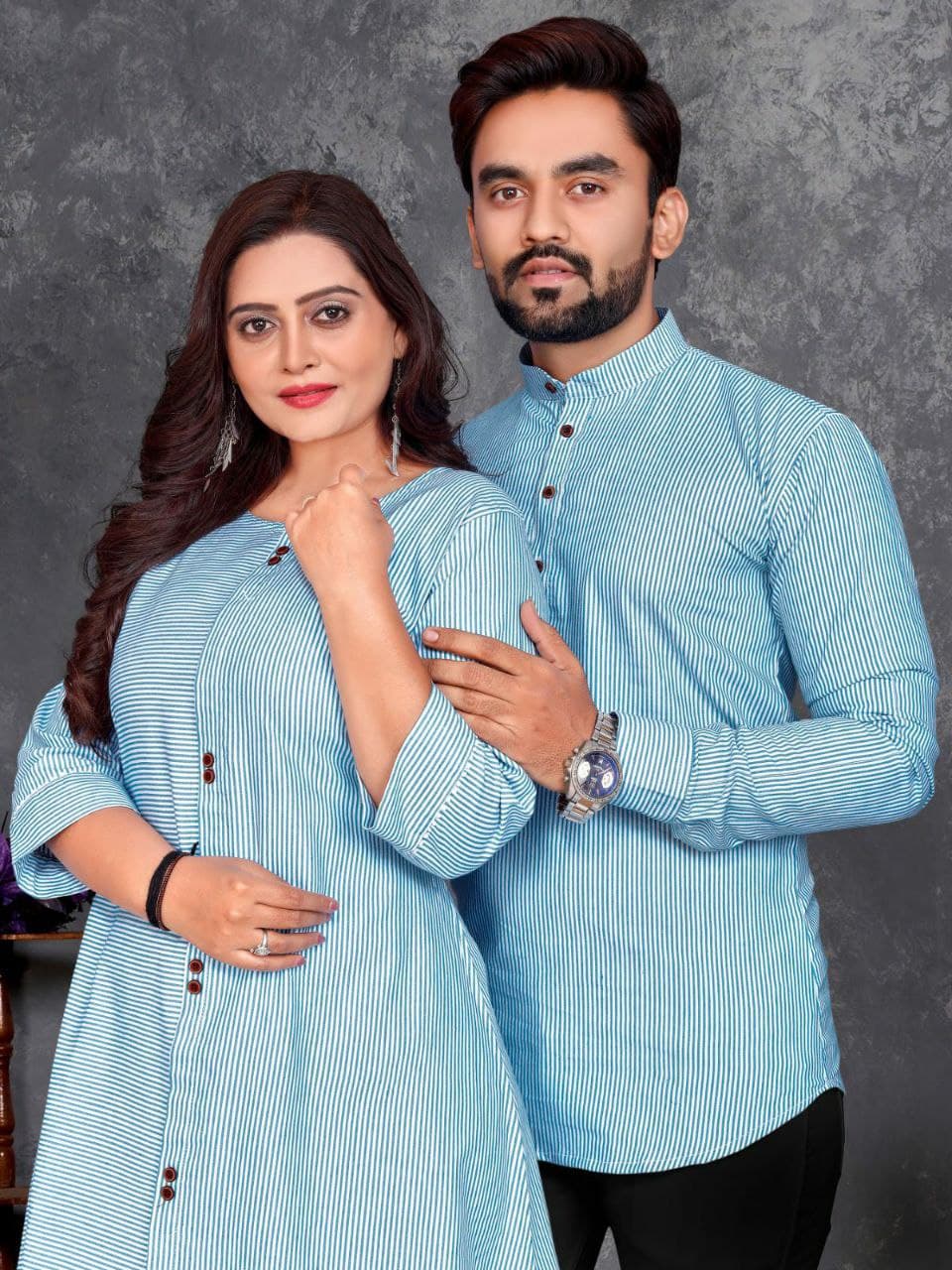 Blue Festive Couple Combo – Men's Short Kurta & Women's Tunic Top