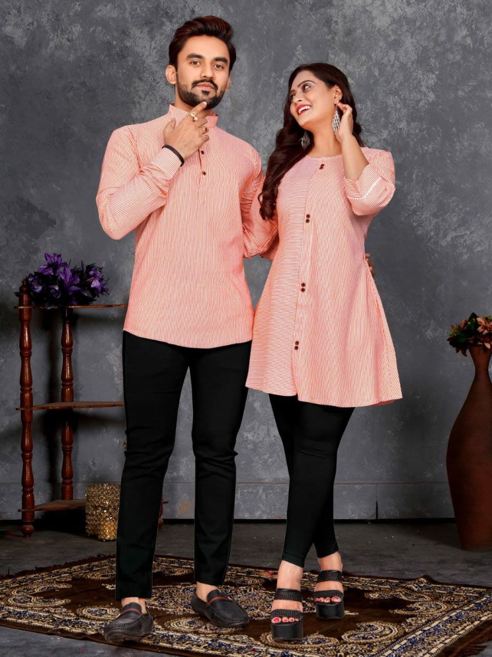 Pink Festive Couple Combo – Men's Short Kurta & Women's Tunic Top