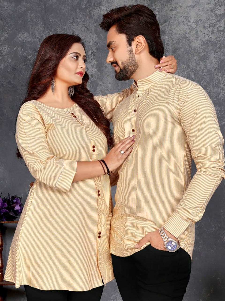 Cream Festive Couple Combo – Men's Short Kurta & Women's Tunic Top