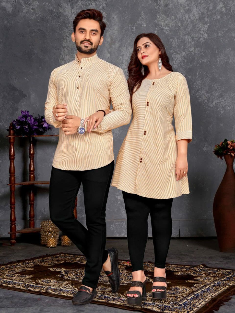 Cream Festive Couple Combo – Men's Short Kurta & Women's Tunic Top