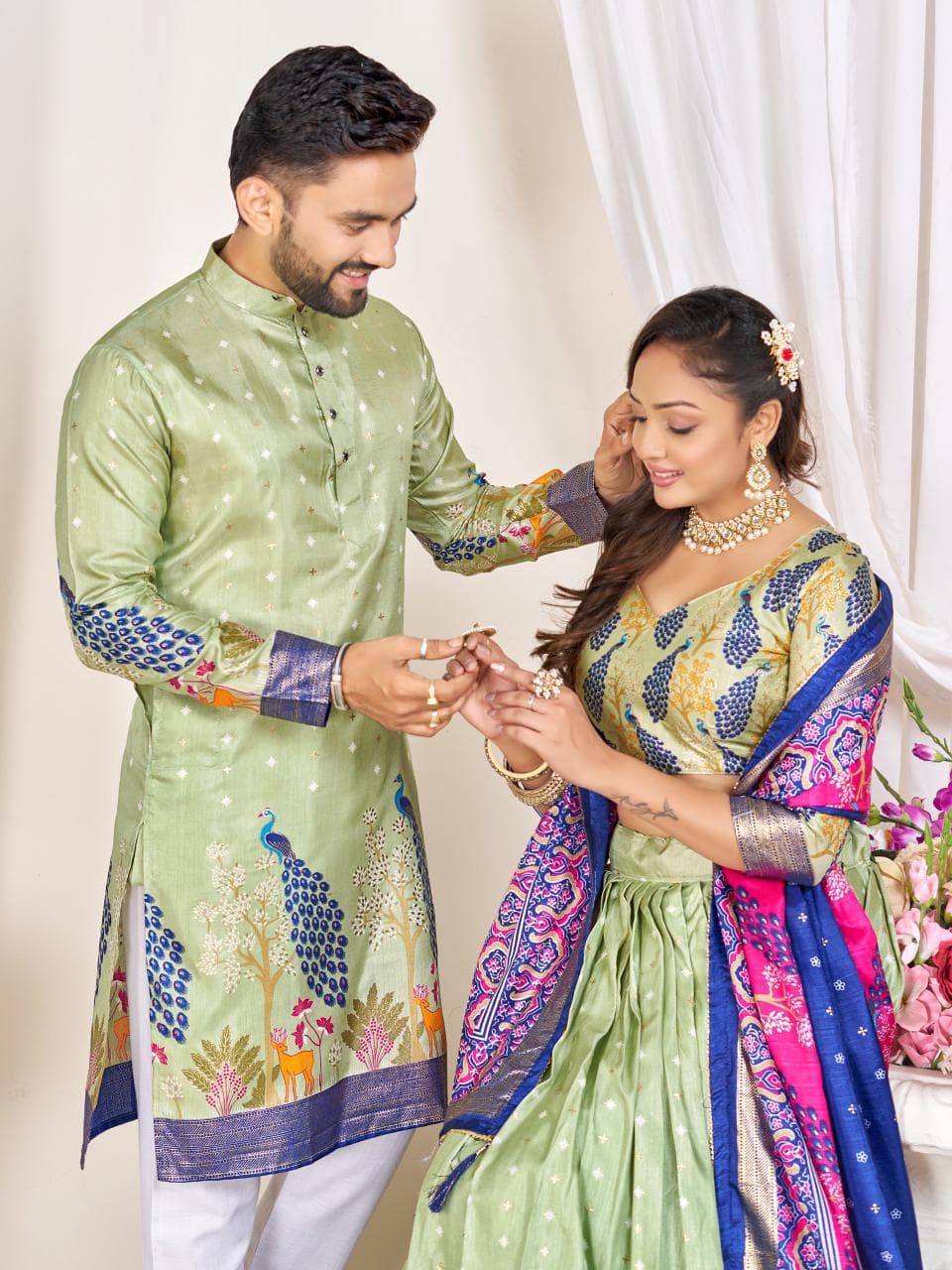 Green Men's Kurta & Women's Lehenga Choli Set
