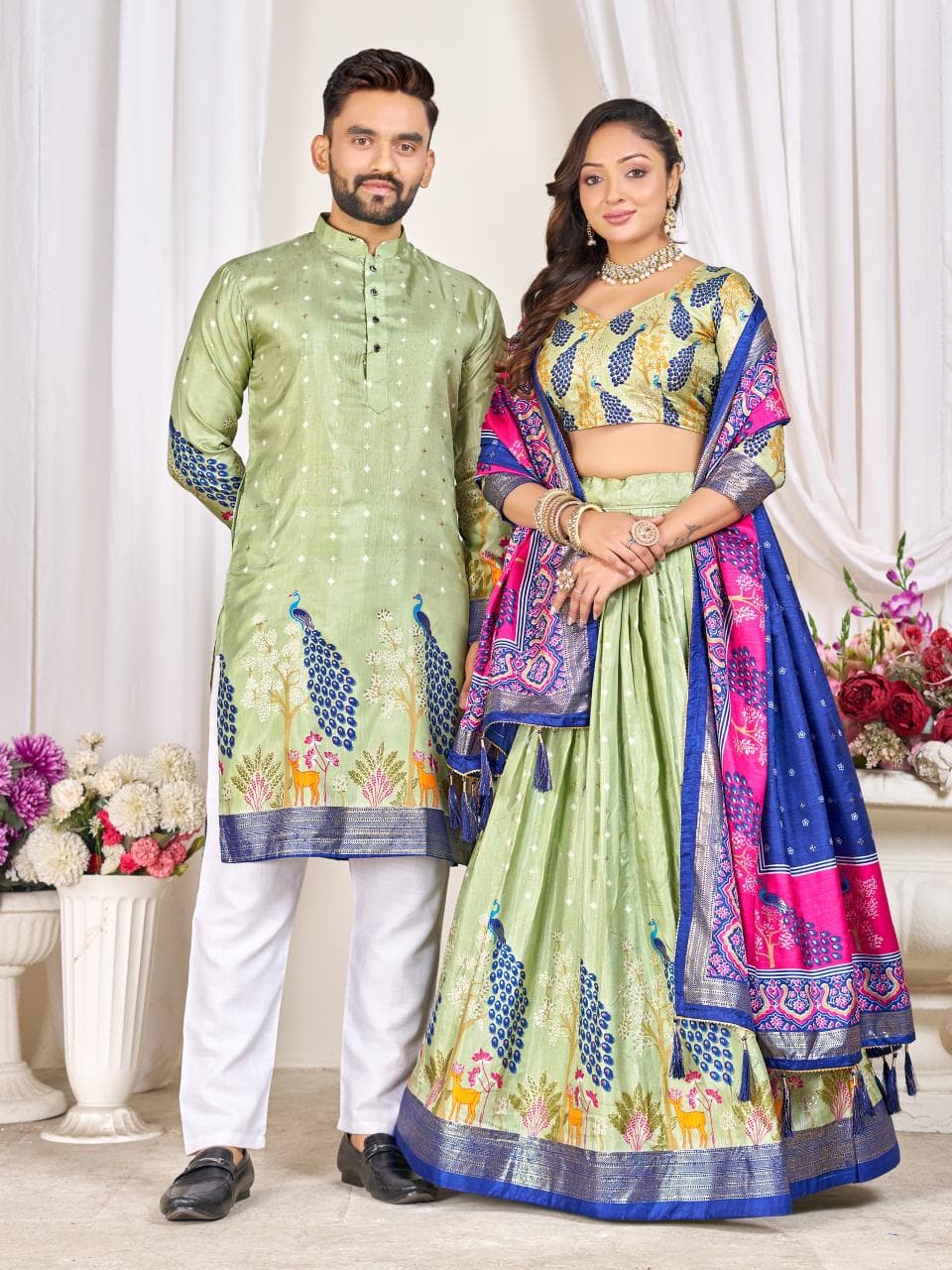 Green Men's Kurta & Women's Lehenga Choli Set