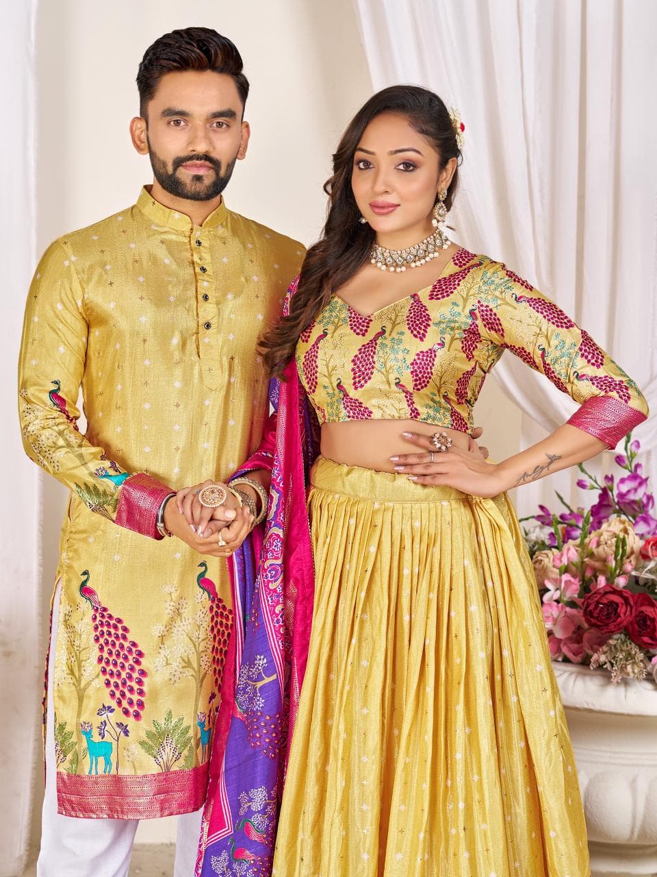 Yellow Men's Kurta & Women's Lehenga Choli Set