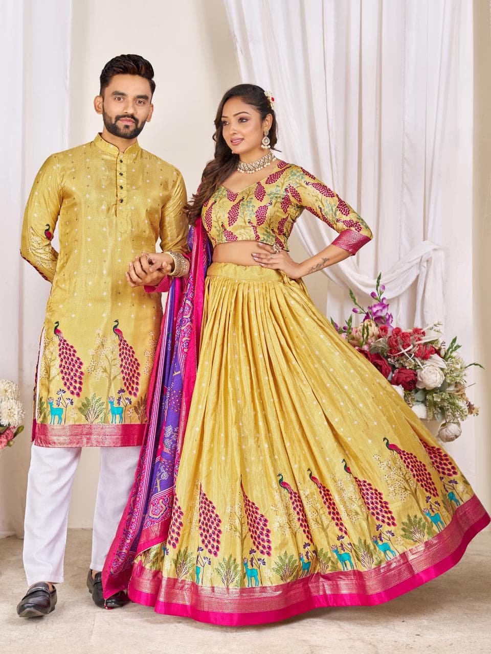 Yellow Men's Kurta & Women's Lehenga Choli Set