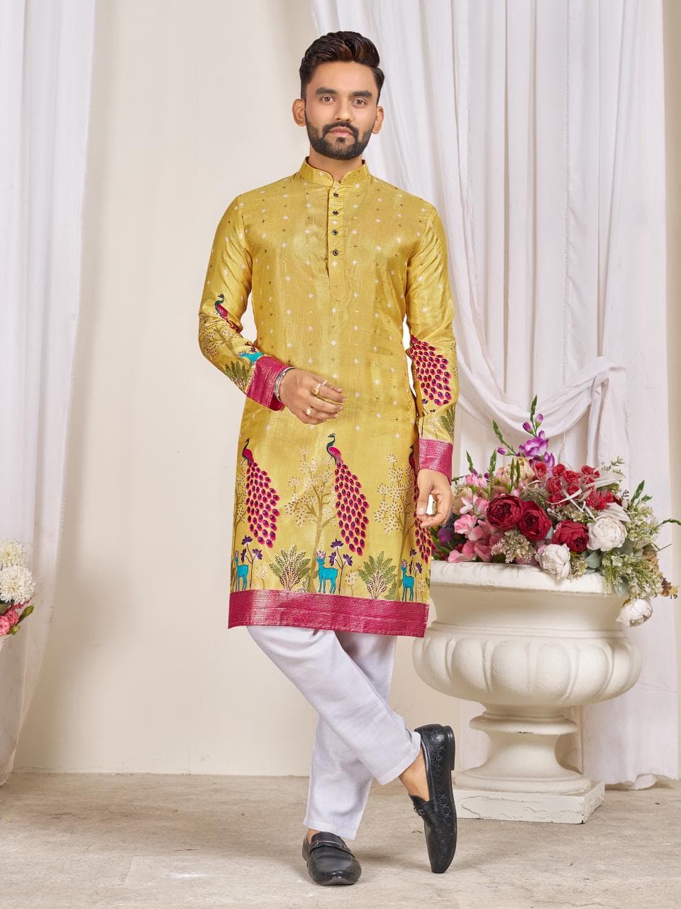 Yellow Men's Kurta & Women's Lehenga Choli Set