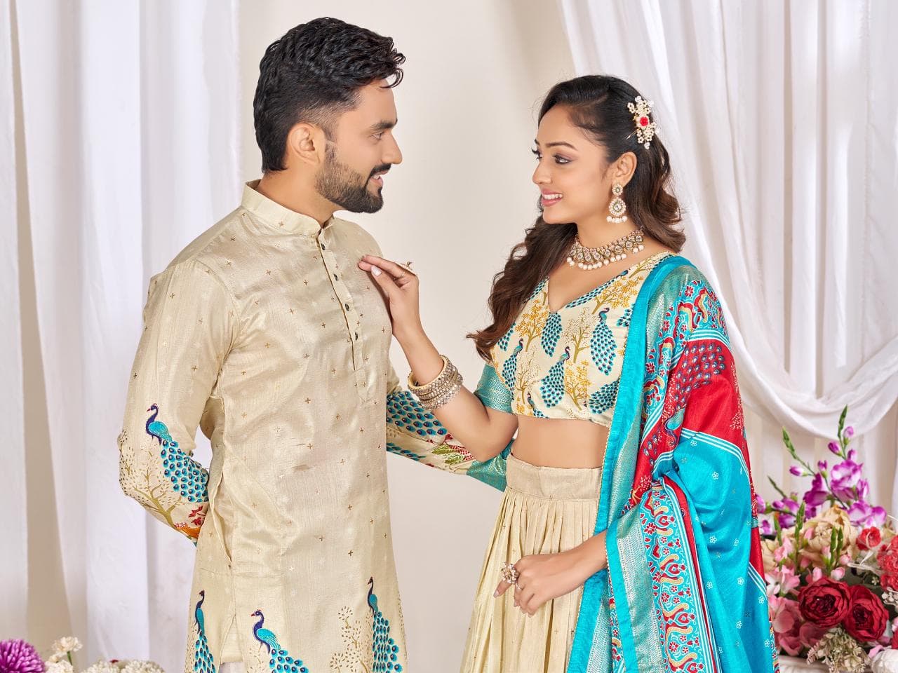 Cream Men's Kurta & Women's Lehenga Choli Set