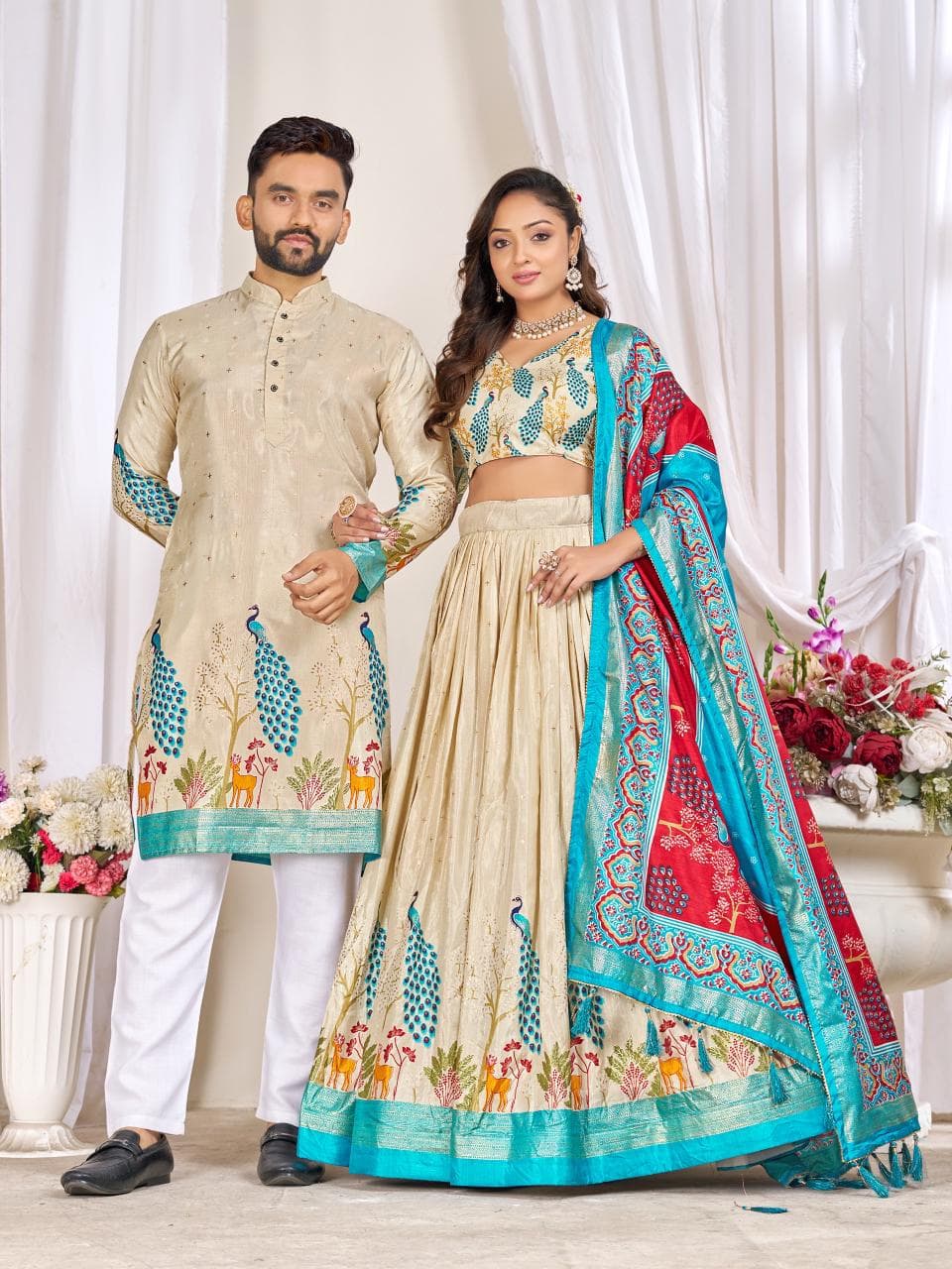 Cream Men's Kurta & Women's Lehenga Choli Set