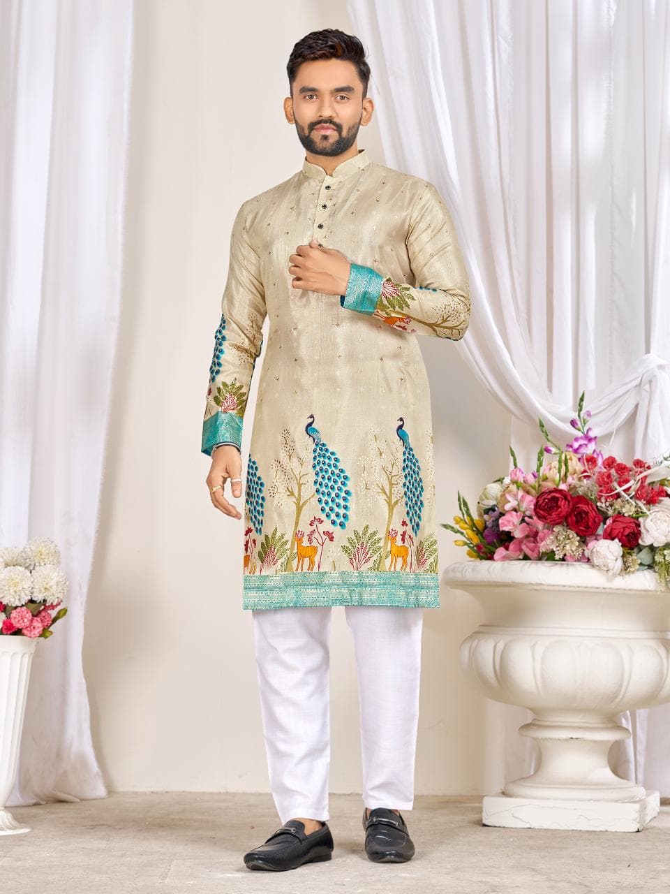 Cream Men's Kurta & Women's Lehenga Choli Set