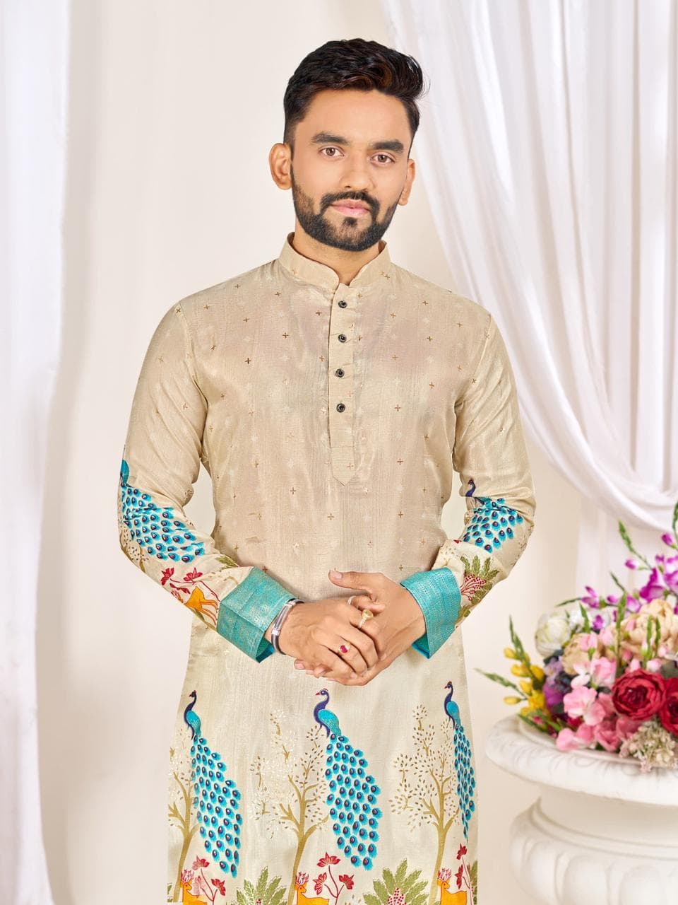 Cream Men's Kurta & Women's Lehenga Choli Set