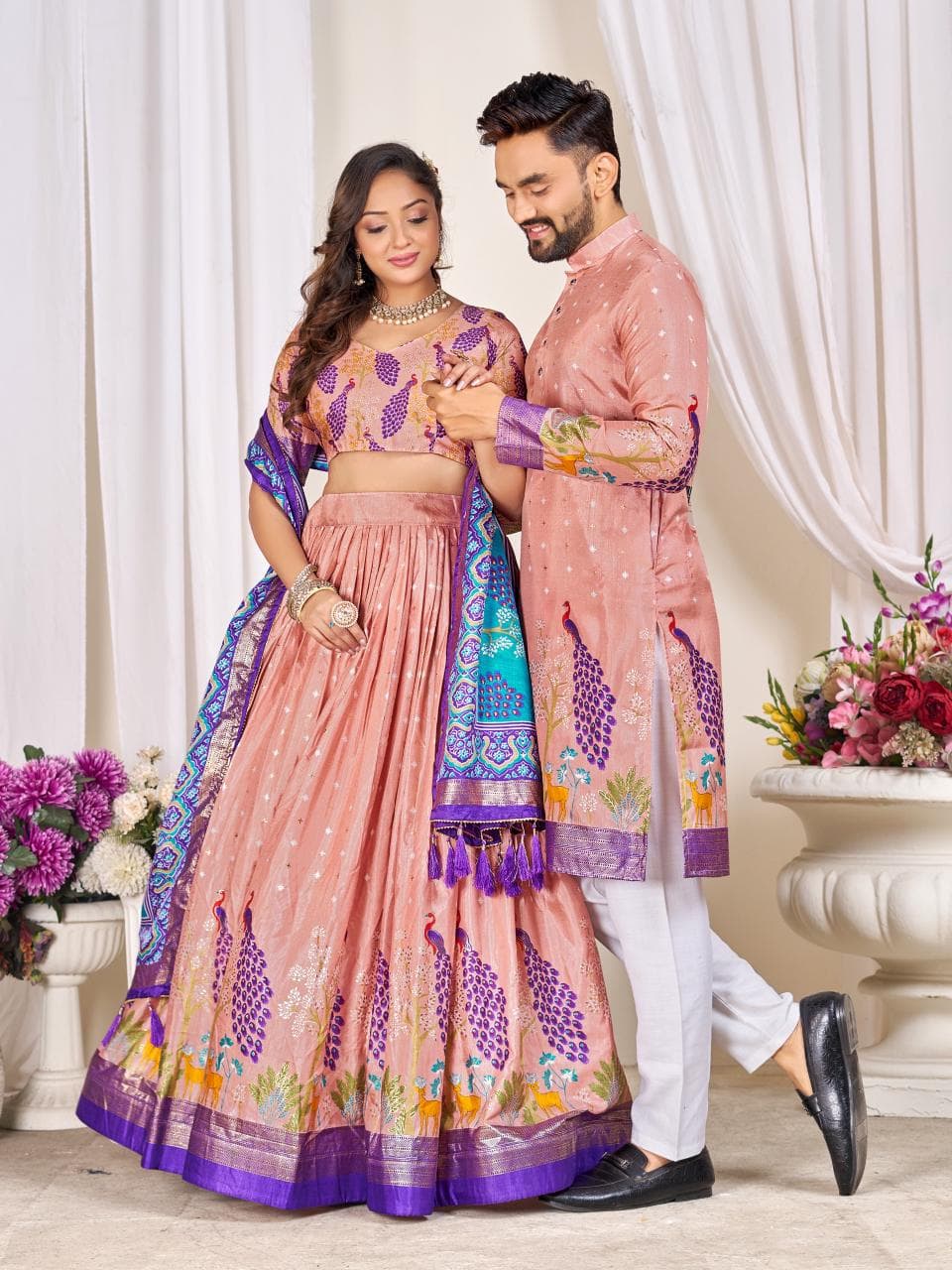 Rose Pink Men's Kurta & Women's Lehenga Choli Set