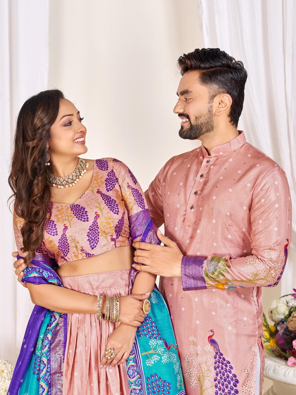 Rose Pink Men's Kurta & Women's Lehenga Choli Set