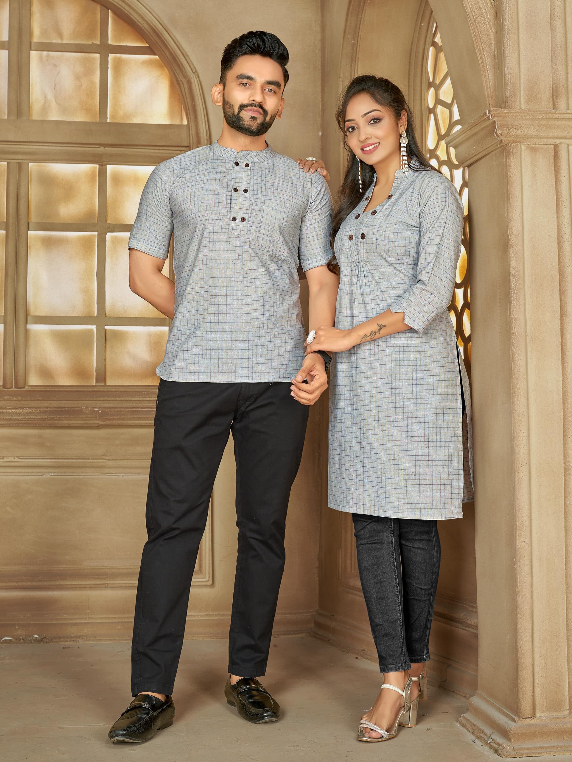 Grey Men's Short Kurta & Women's Long Tunic