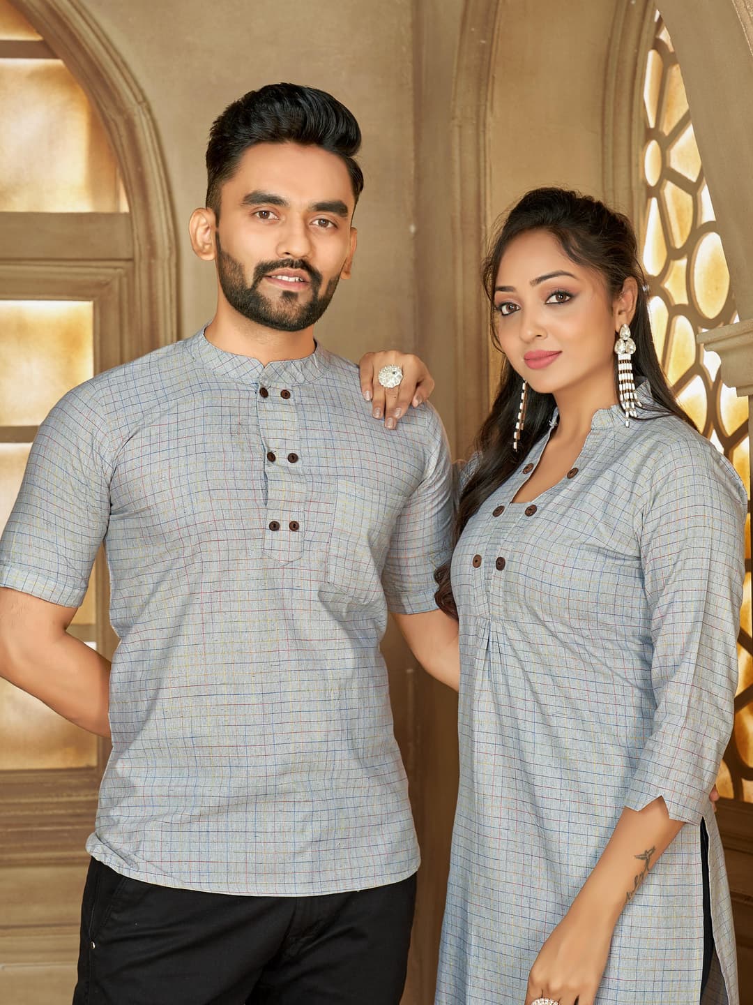 Grey Men's Short Kurta & Women's Long Tunic