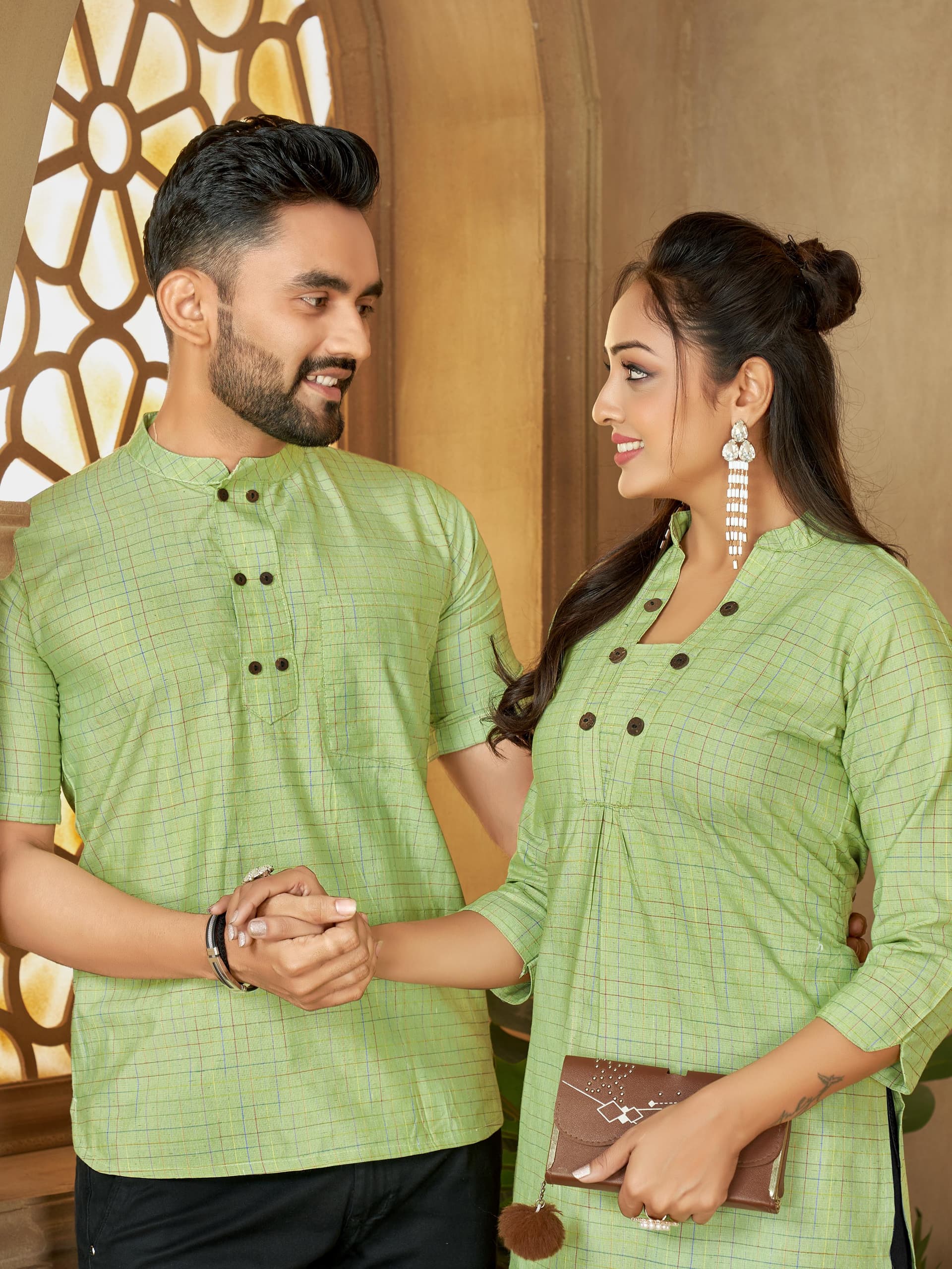 Green Men's Short Kurta & Women's Long Tunic