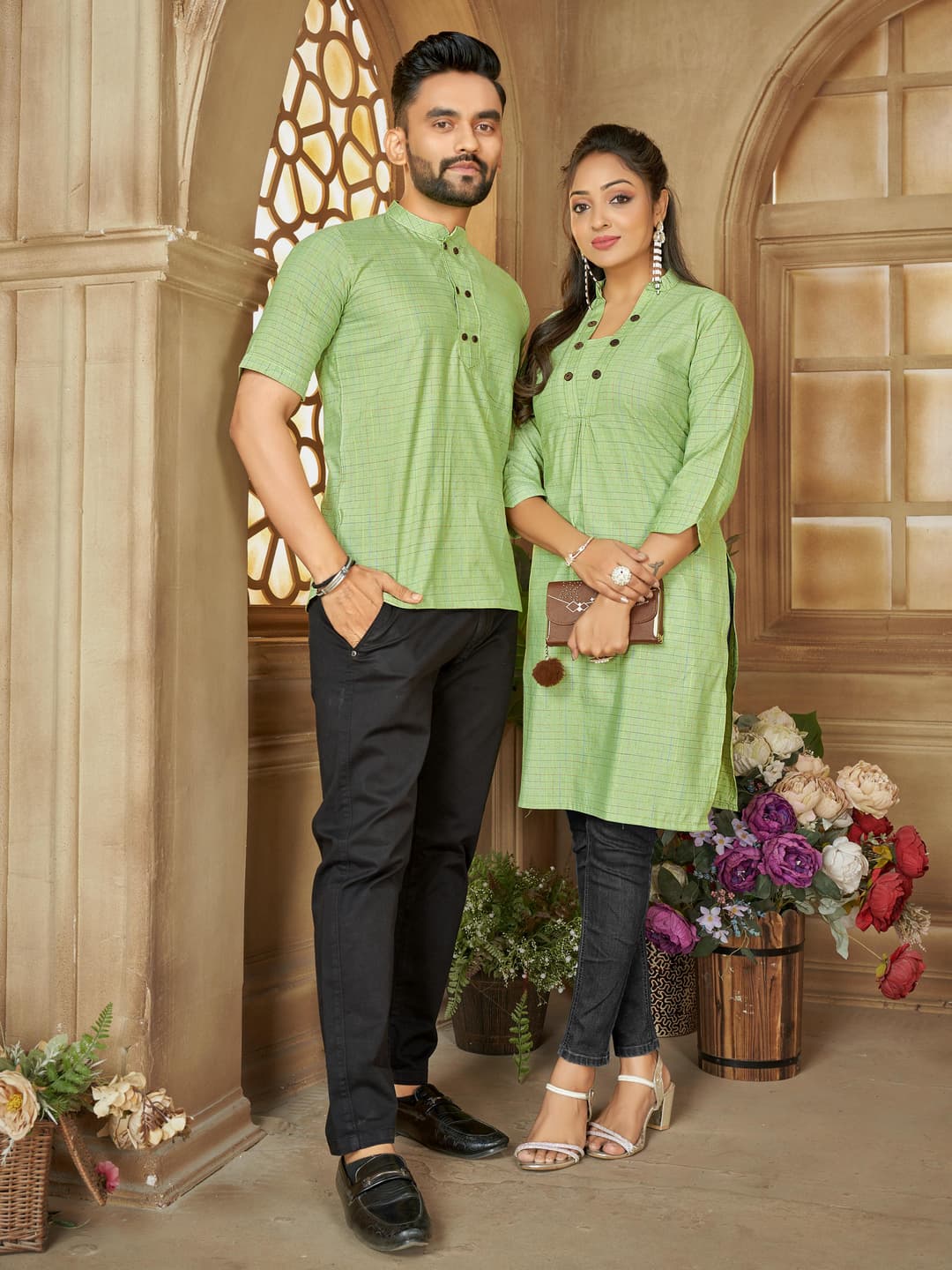 Green Men's Short Kurta & Women's Long Tunic