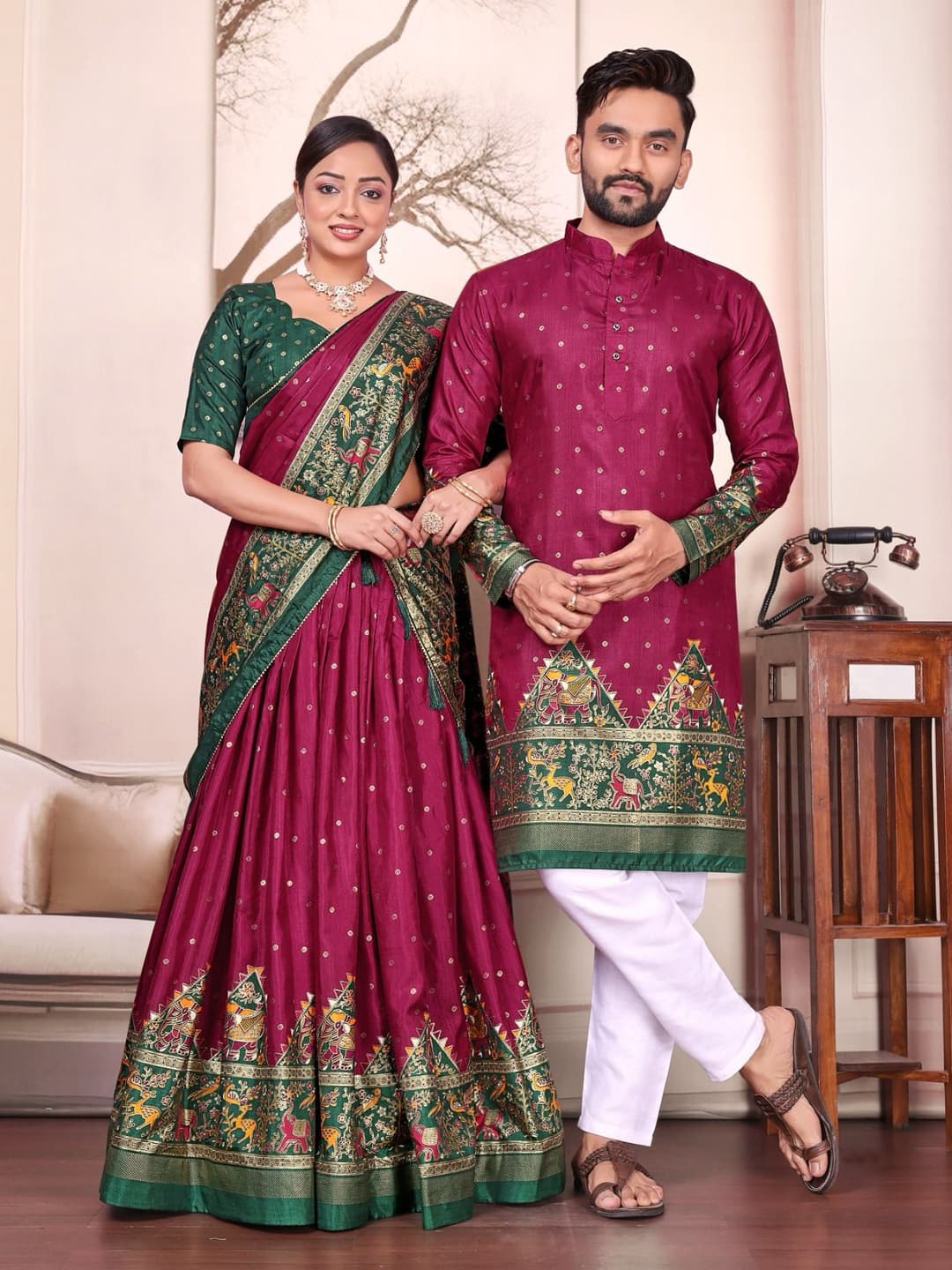 Maroon Dola Silk Couple Combo Men's Kurta & Women's Lehenga Set