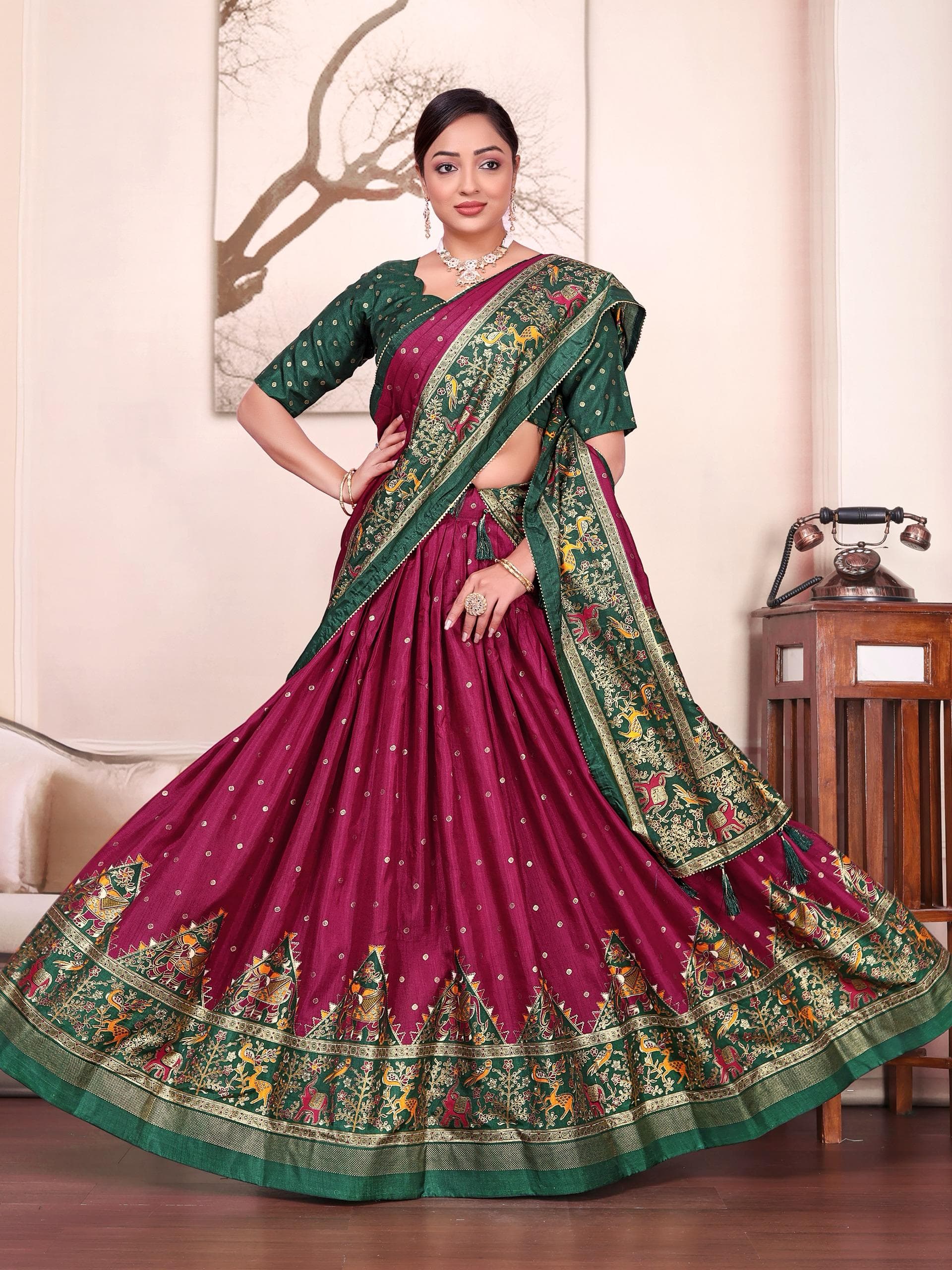 Maroon Dola Silk Couple Combo Men's Kurta & Women's Lehenga Set