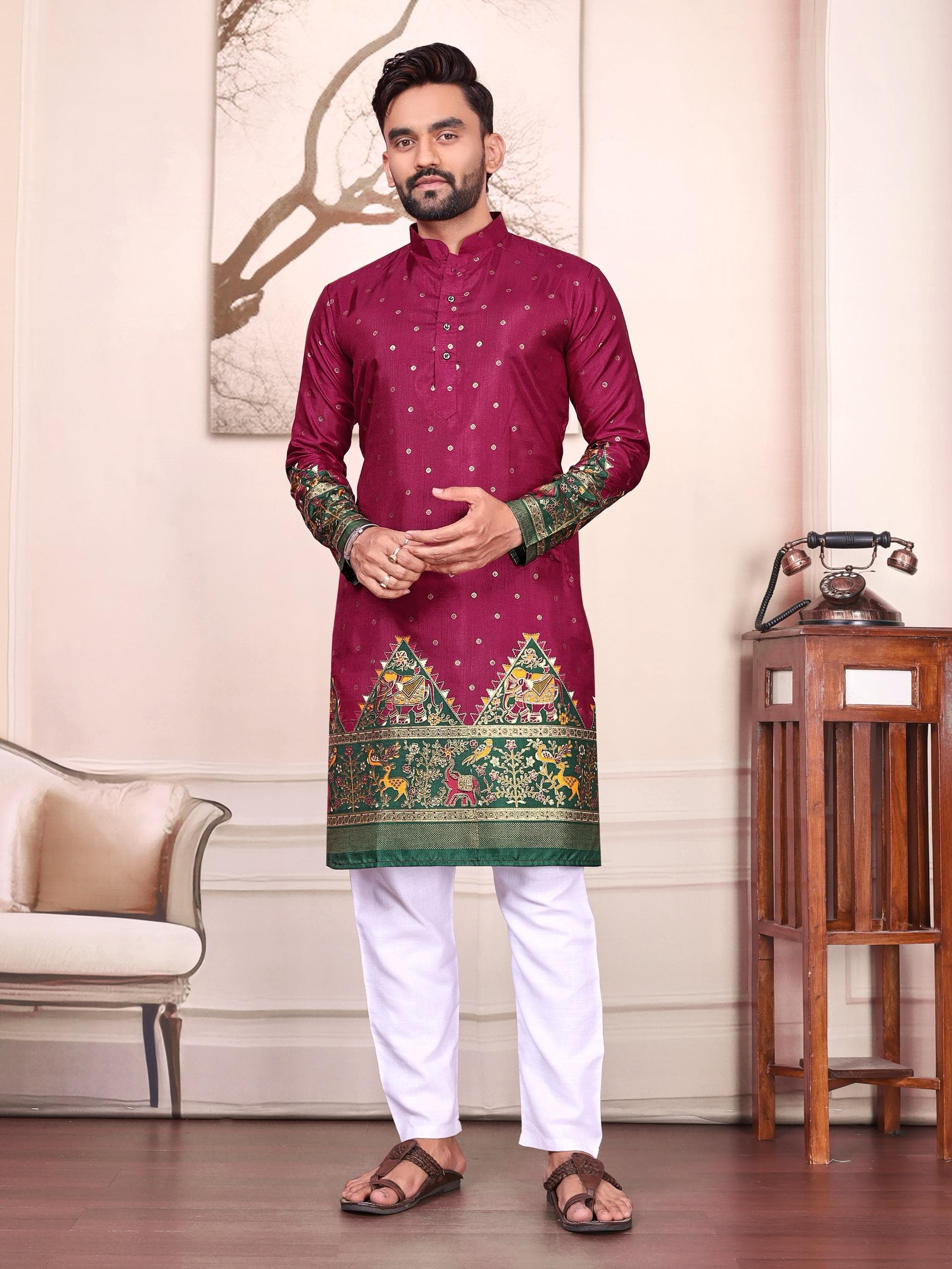 Maroon Dola Silk Couple Combo Men's Kurta & Women's Lehenga Set