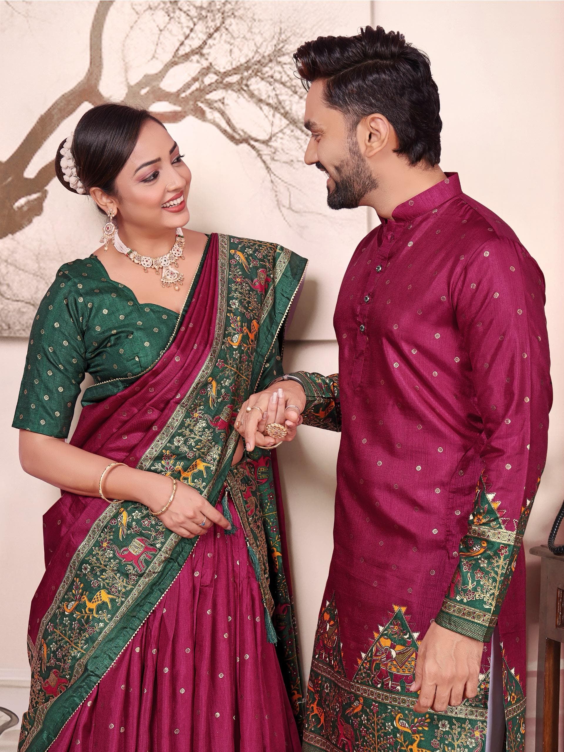 Maroon Dola Silk Couple Combo Men's Kurta & Women's Lehenga Set