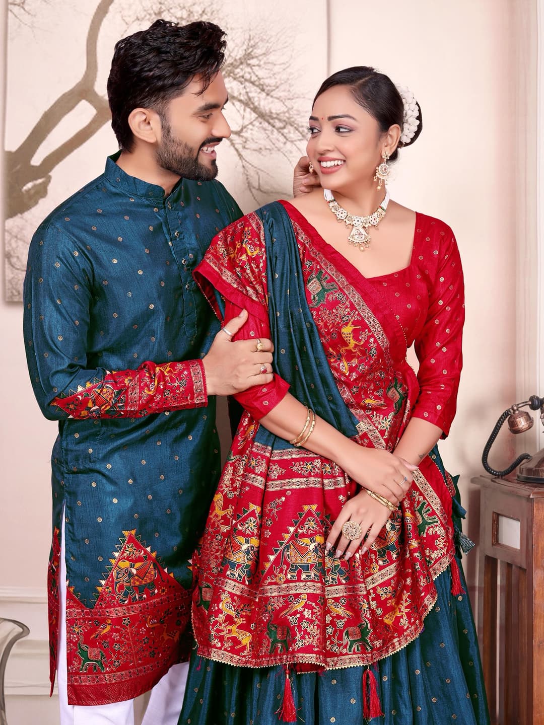 Navy Blue Dola Silk Couple Combo Men's Kurta & Women's Lehenga Set