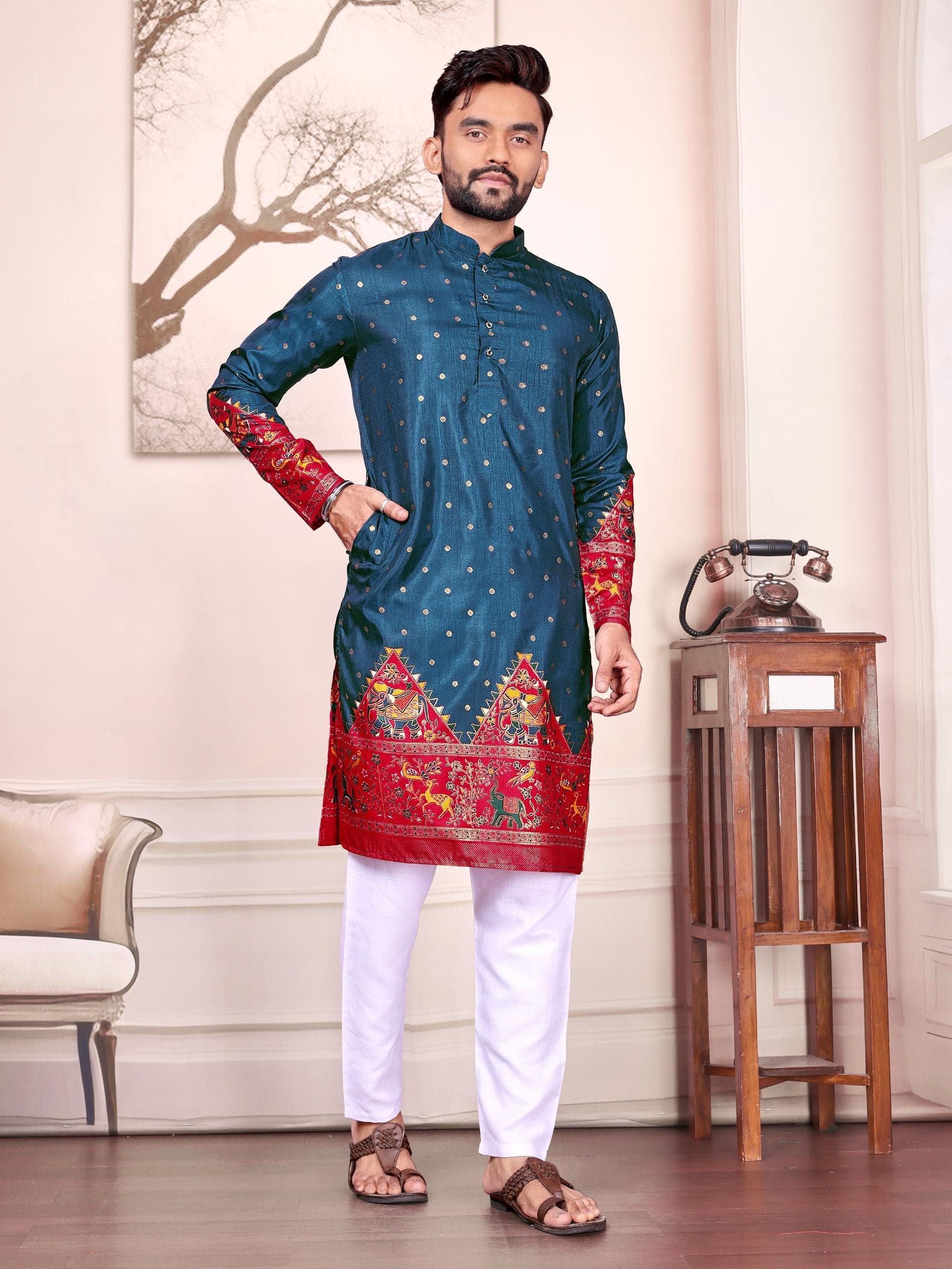 Navy Blue Dola Silk Couple Combo Men's Kurta & Women's Lehenga Set