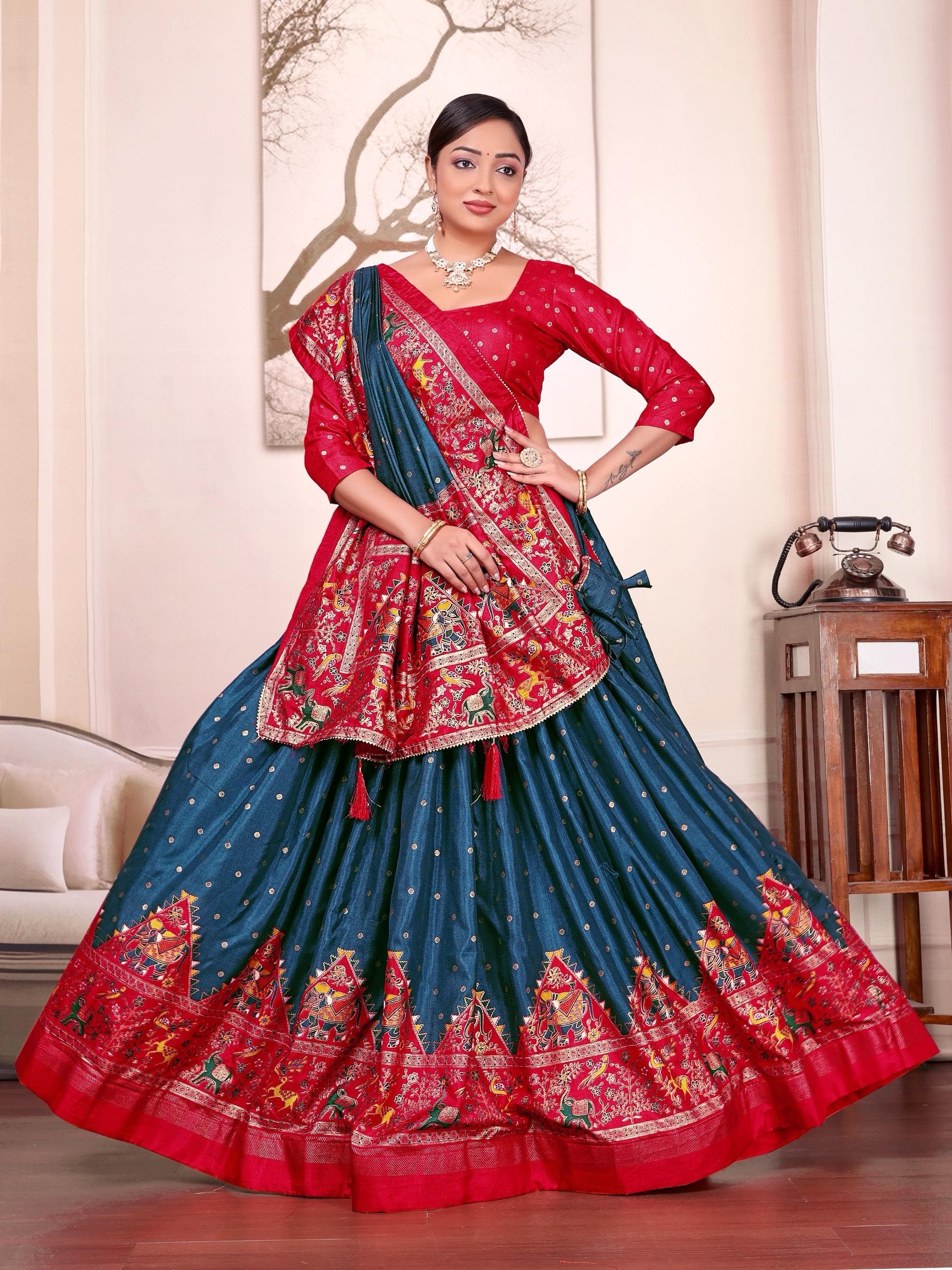 Navy Blue Dola Silk Couple Combo Men's Kurta & Women's Lehenga Set