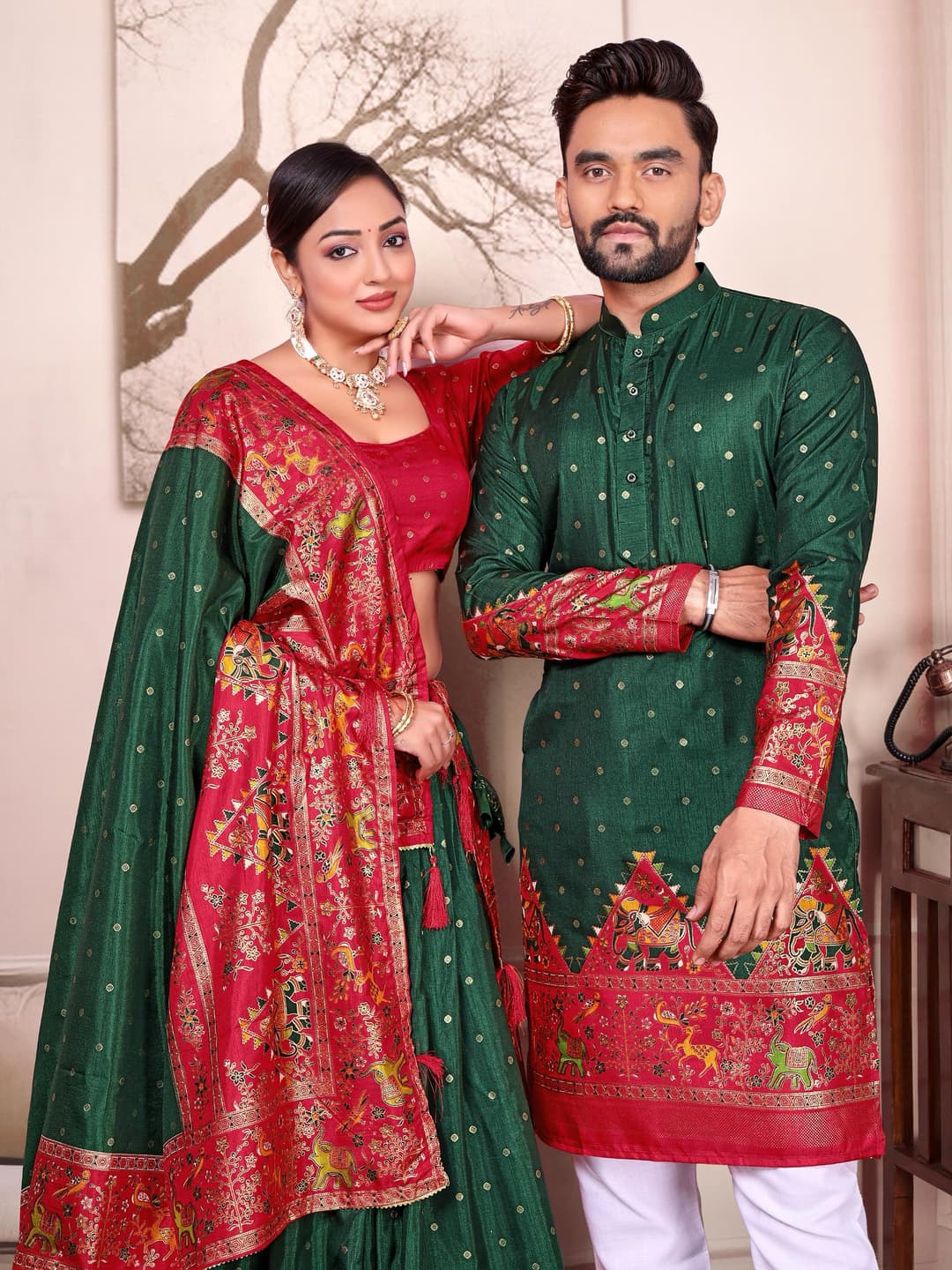 Mineral Green Dola Silk Couple Combo Men's Kurta & Women's Lehenga Set
