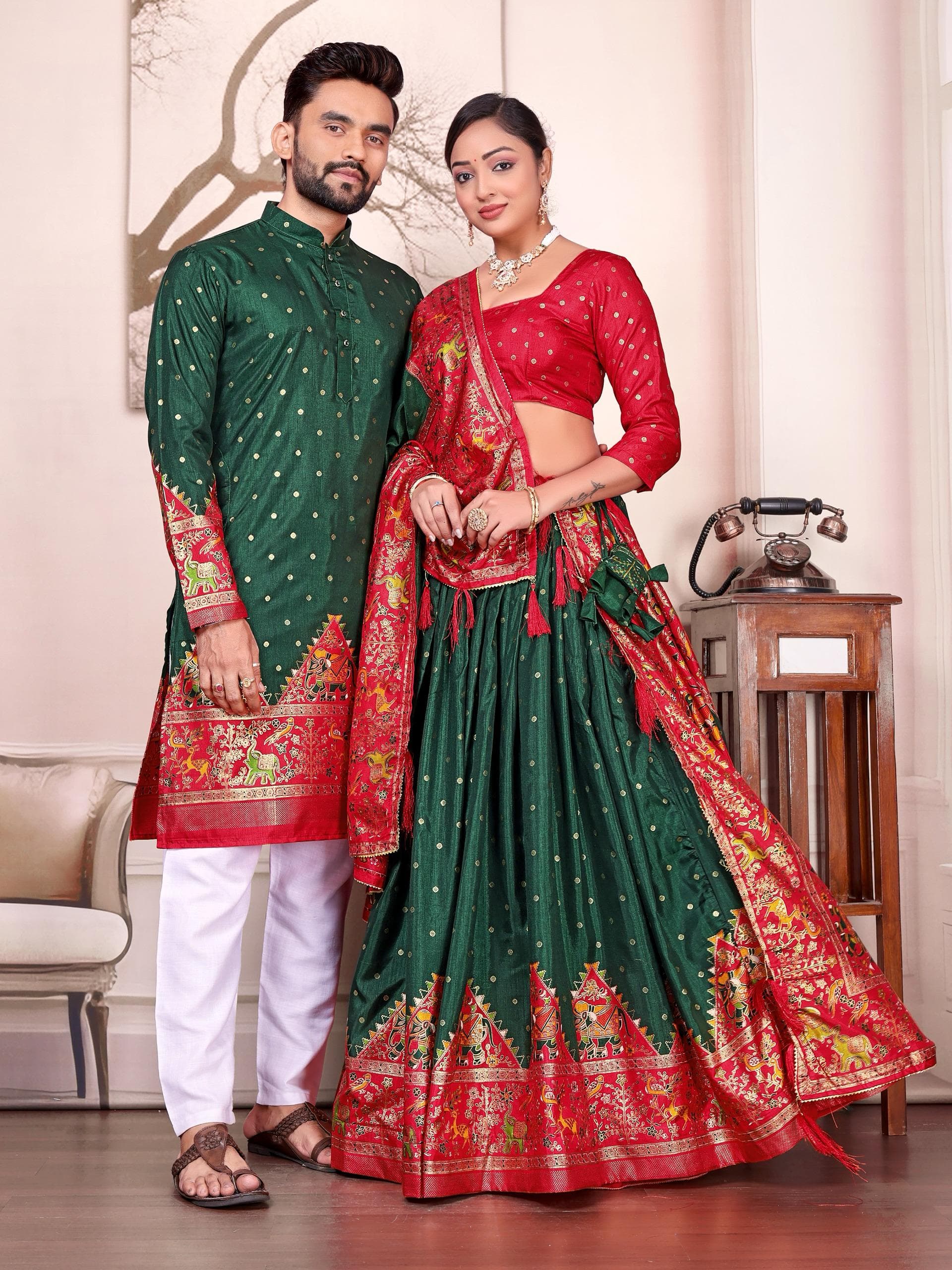 Mineral Green Dola Silk Couple Combo Men's Kurta & Women's Lehenga Set
