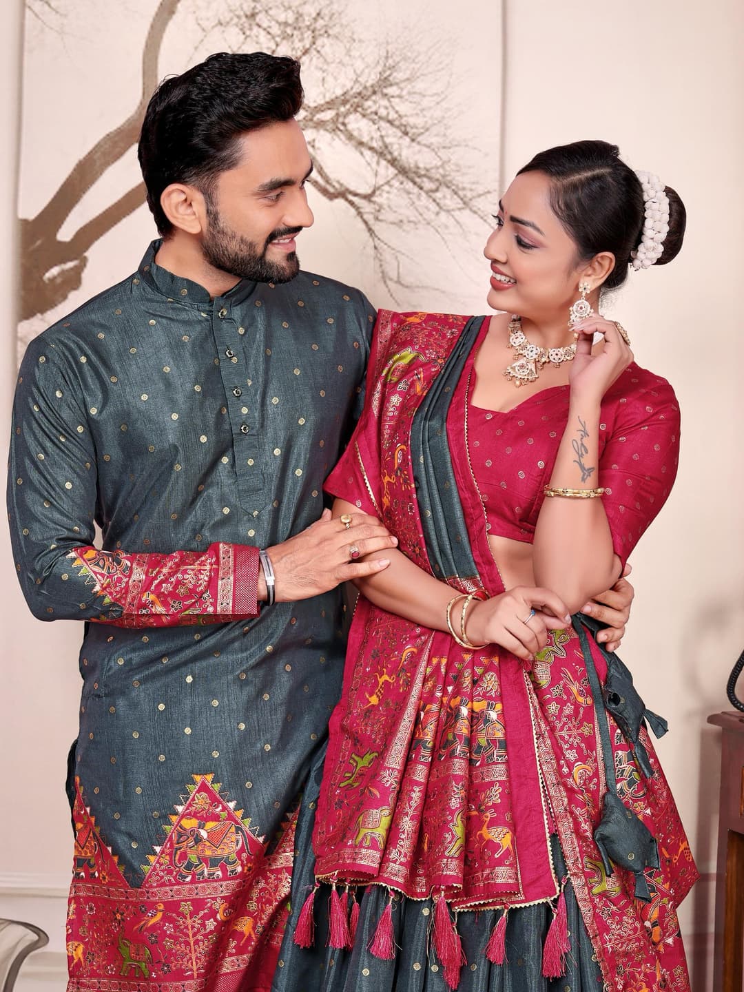 Grey Dola Silk Couple Combo Men's Kurta & Women's Lehenga Set