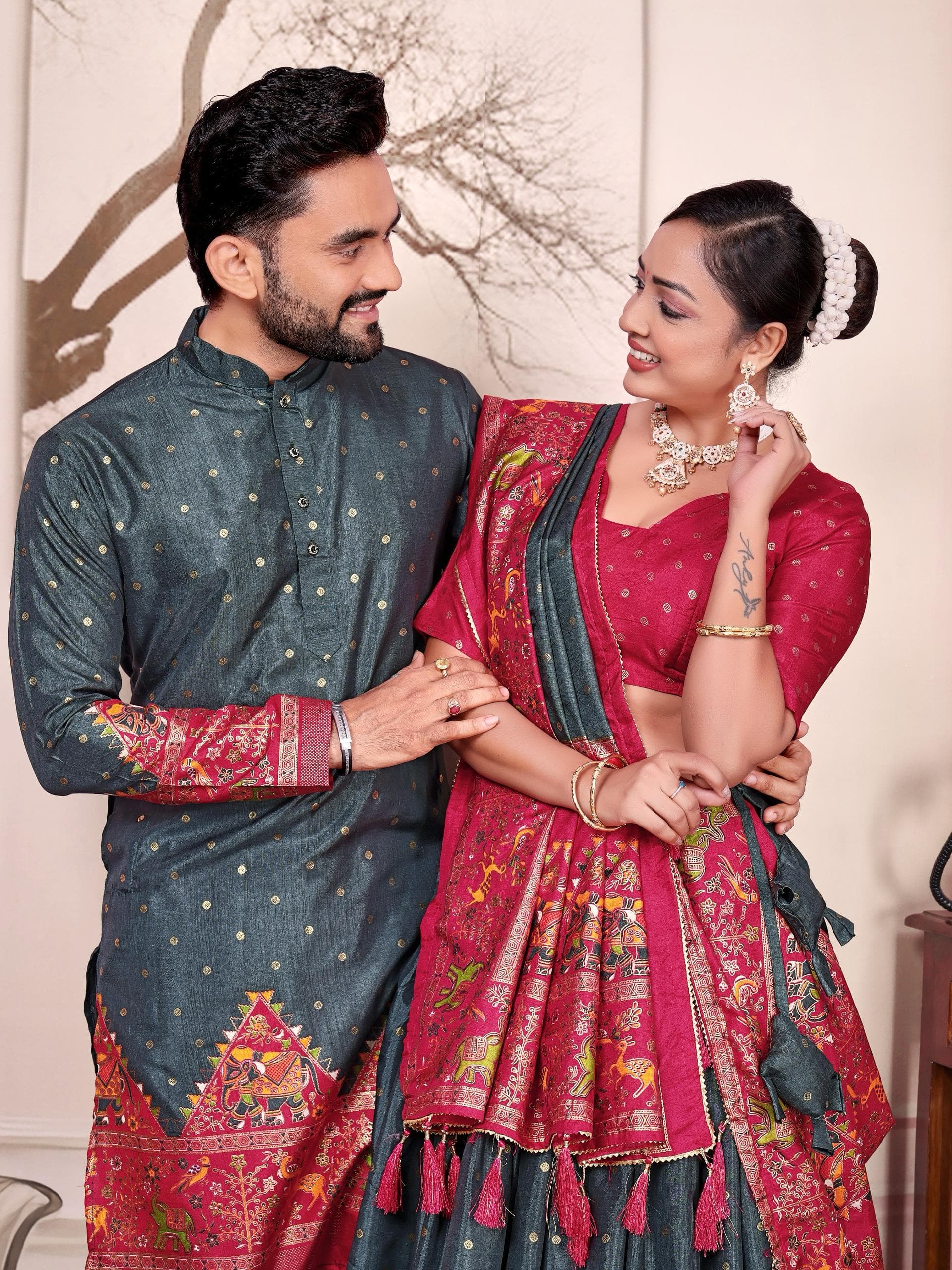 Grey Dola Silk Couple Combo Men's Kurta & Women's Lehenga Set