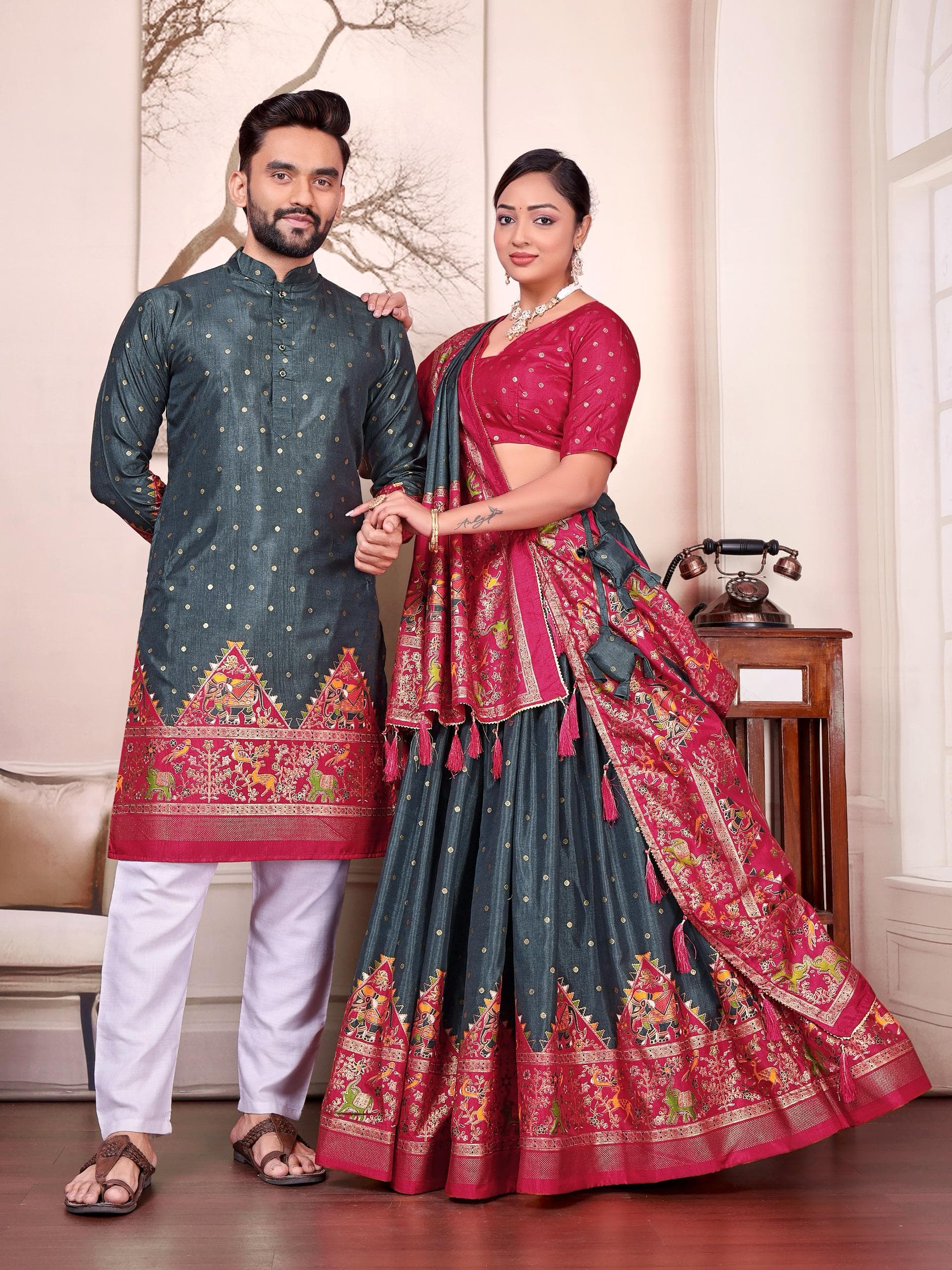 Grey Dola Silk Couple Combo Men's Kurta & Women's Lehenga Set