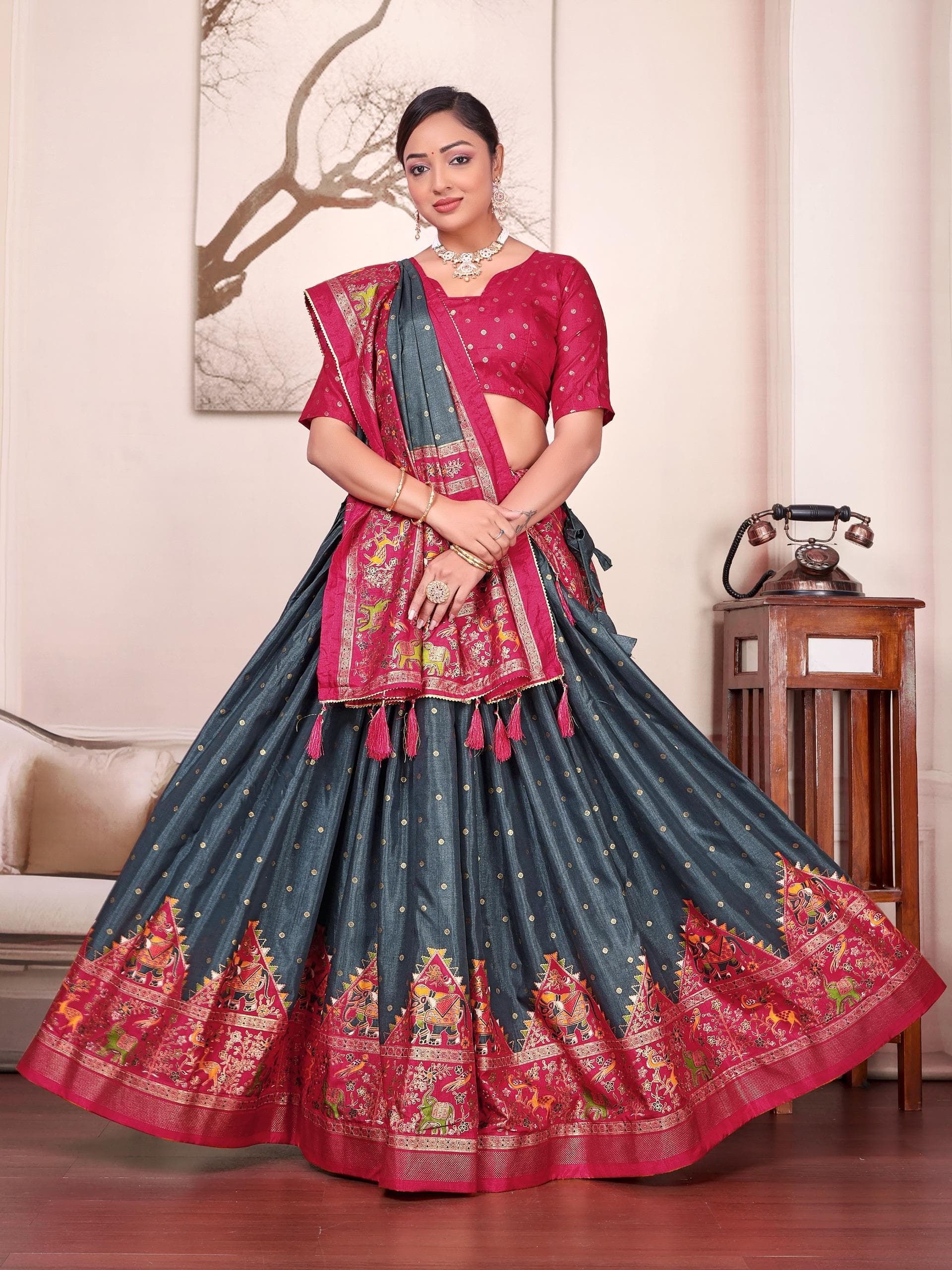 Grey Dola Silk Couple Combo Men's Kurta & Women's Lehenga Set
