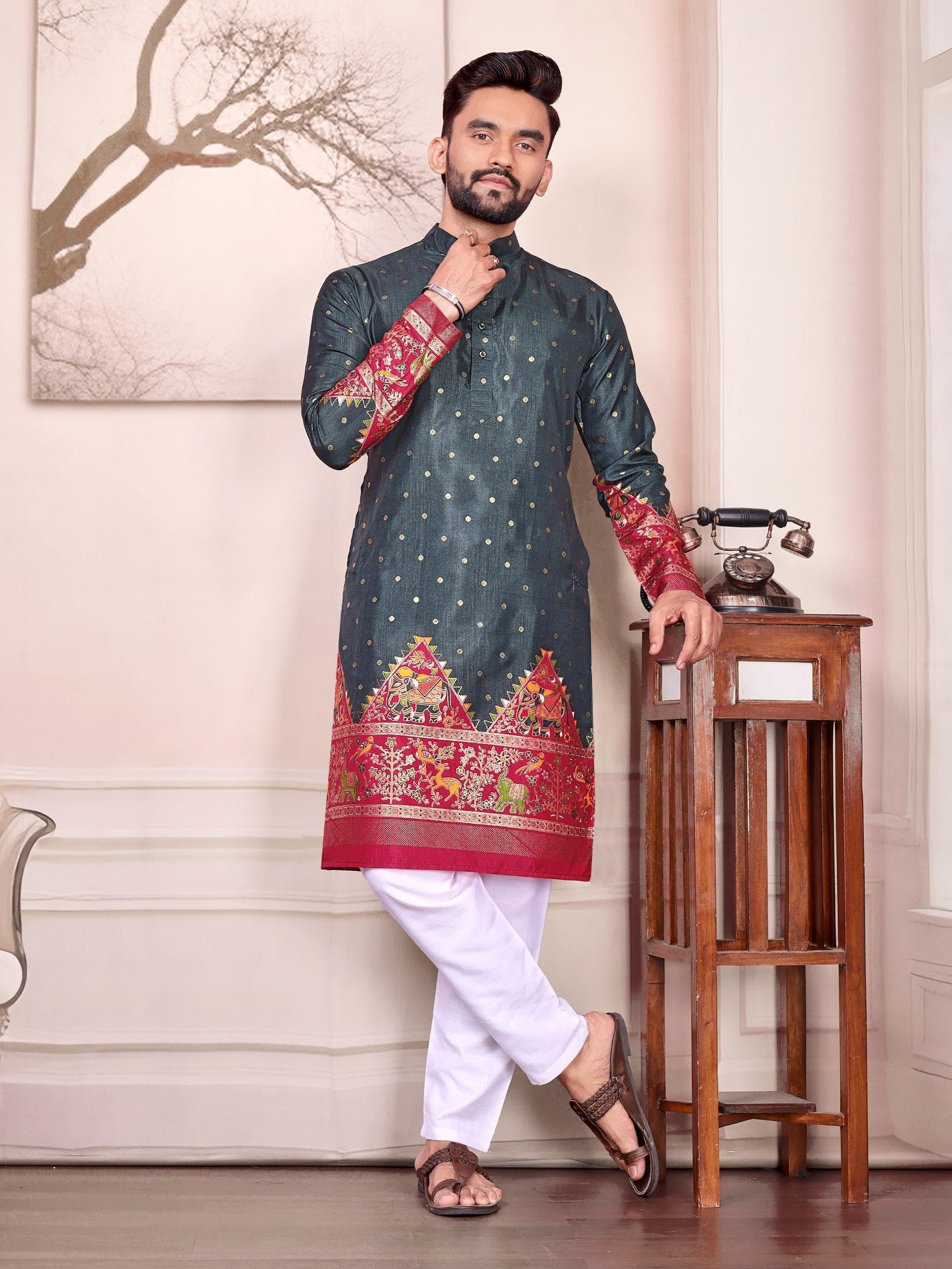 Grey Dola Silk Couple Combo Men's Kurta & Women's Lehenga Set