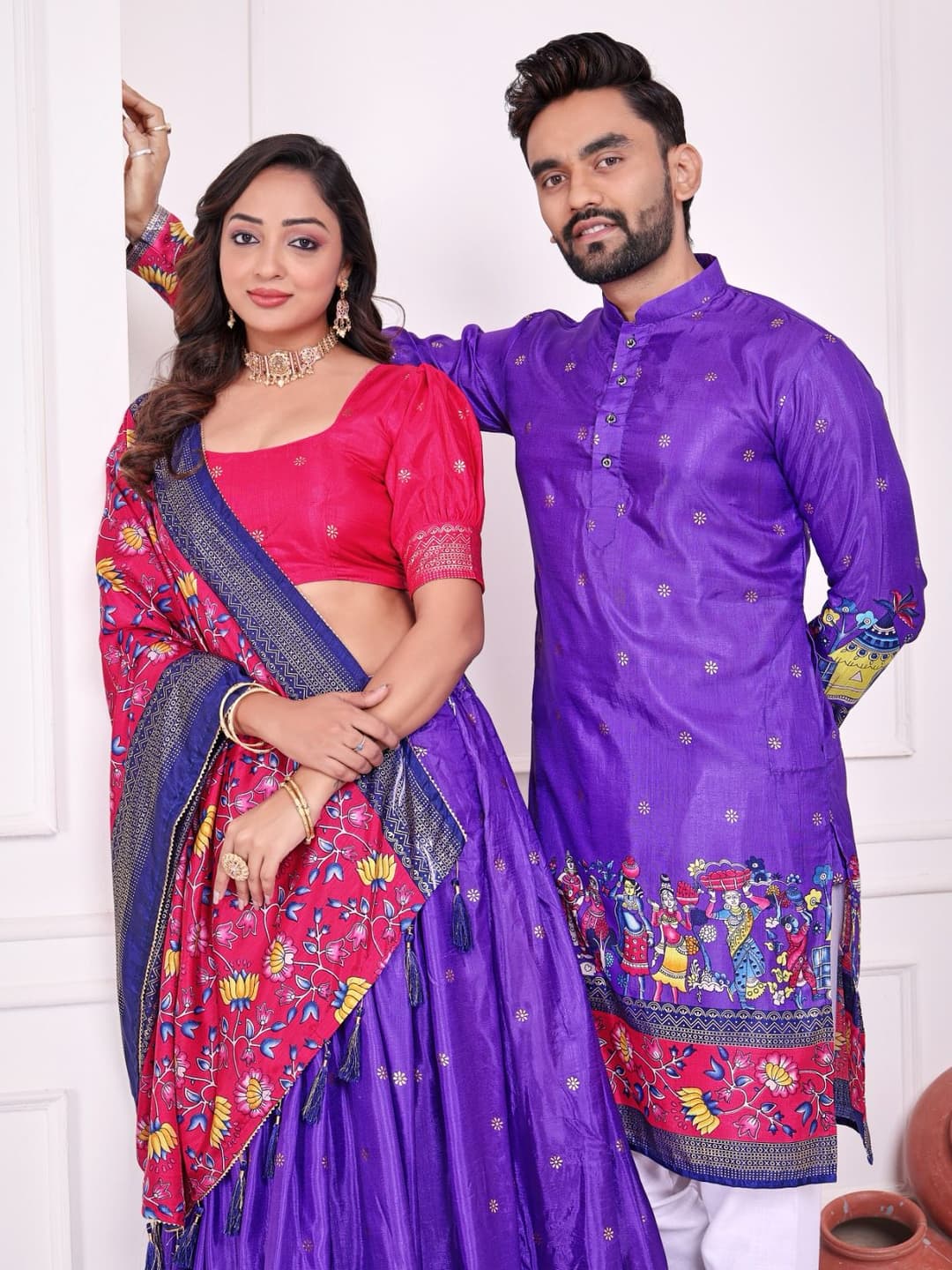 Purple Dola Silk Couple Combo Men Kurta & Women Lehenga Set