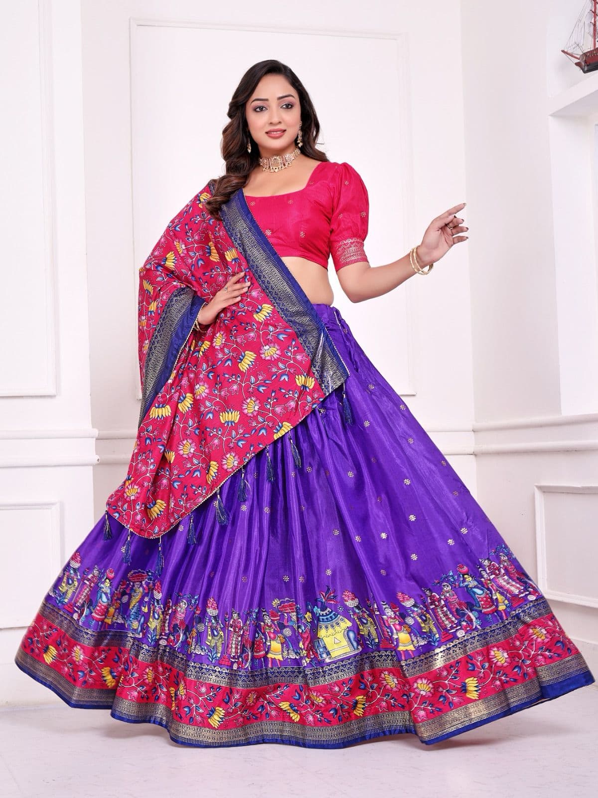 Purple Dola Silk Couple Combo Men Kurta & Women Lehenga Set