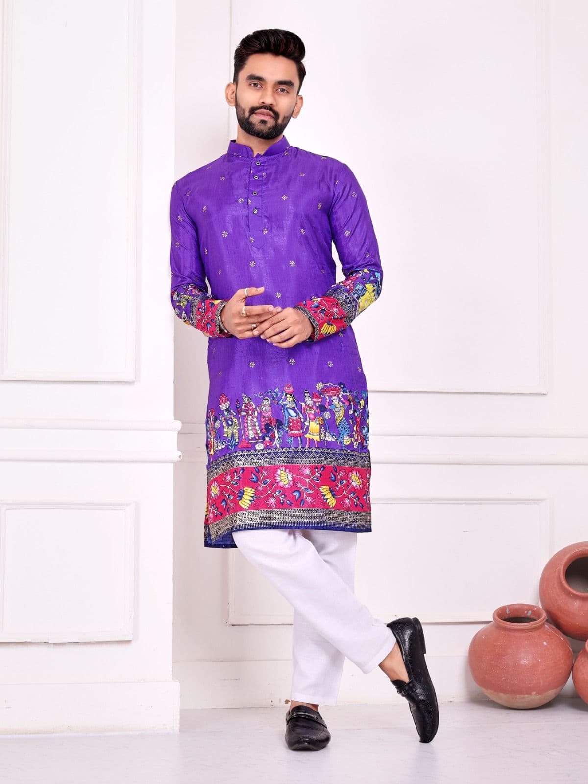 Purple Dola Silk Couple Combo Men Kurta & Women Lehenga Set