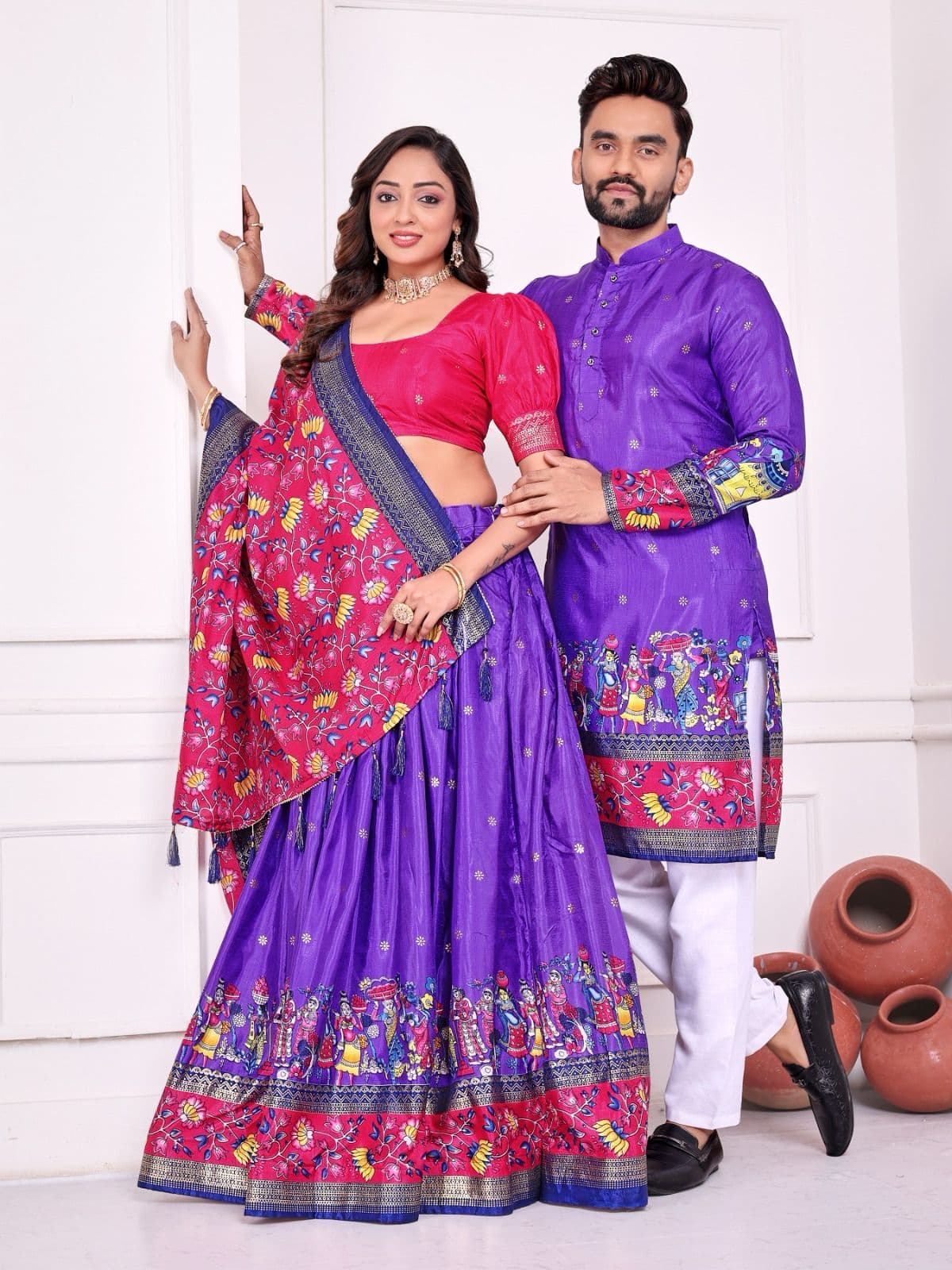 Purple Dola Silk Couple Combo Men Kurta & Women Lehenga Set