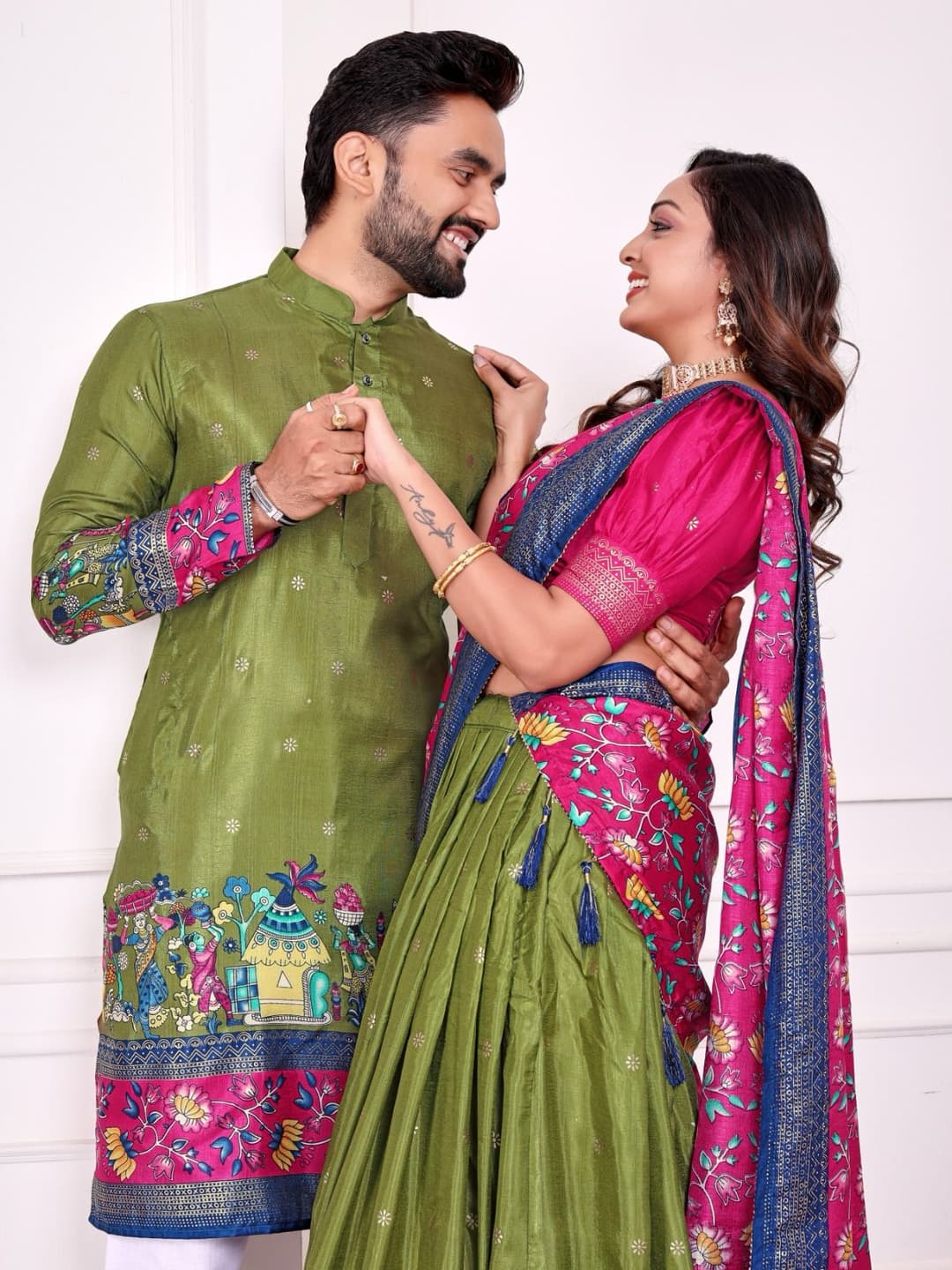Green Dola Silk Couple Combo Men Kurta & Women Lehenga Set