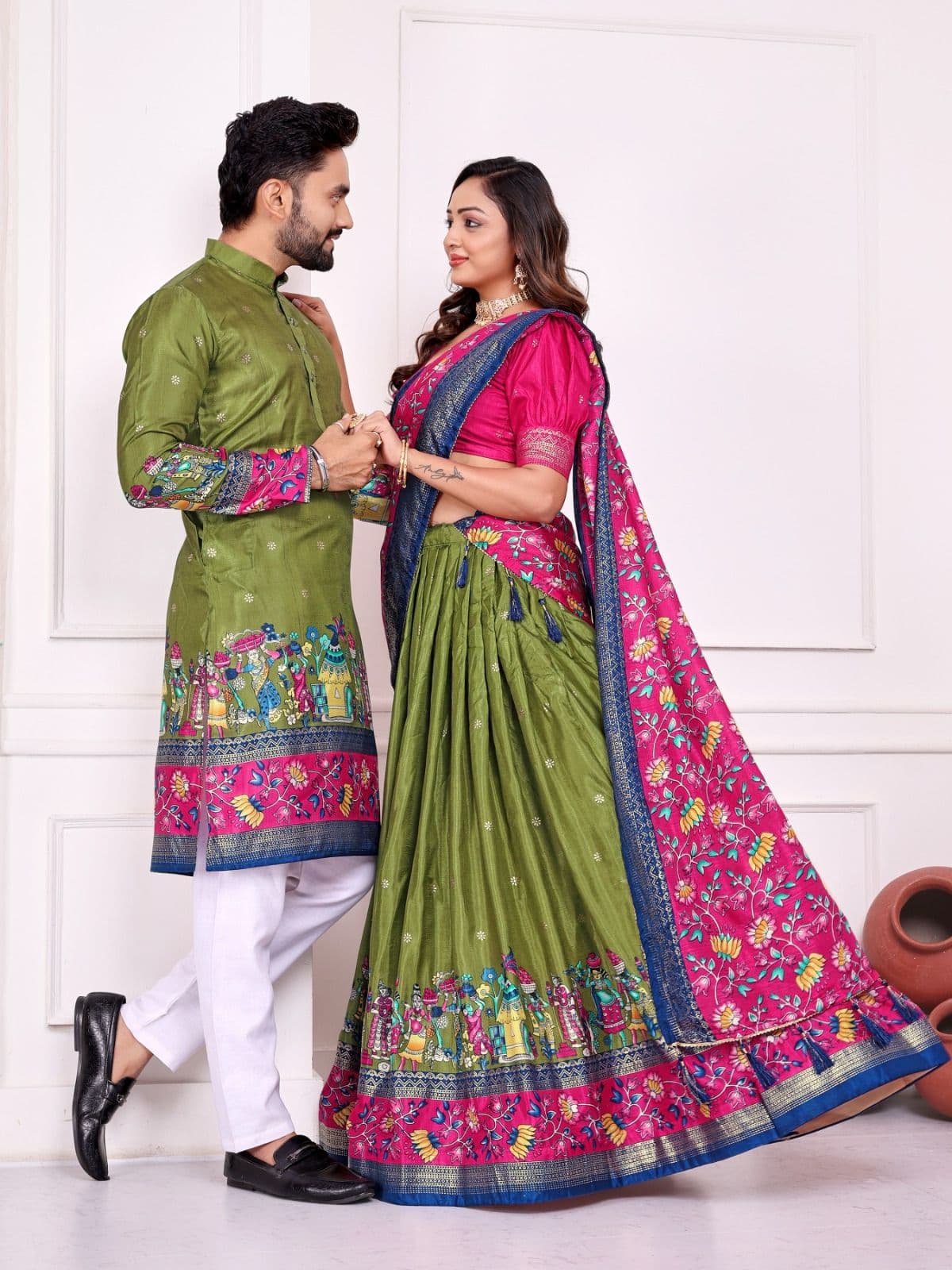Green Dola Silk Couple Combo Men Kurta & Women Lehenga Set