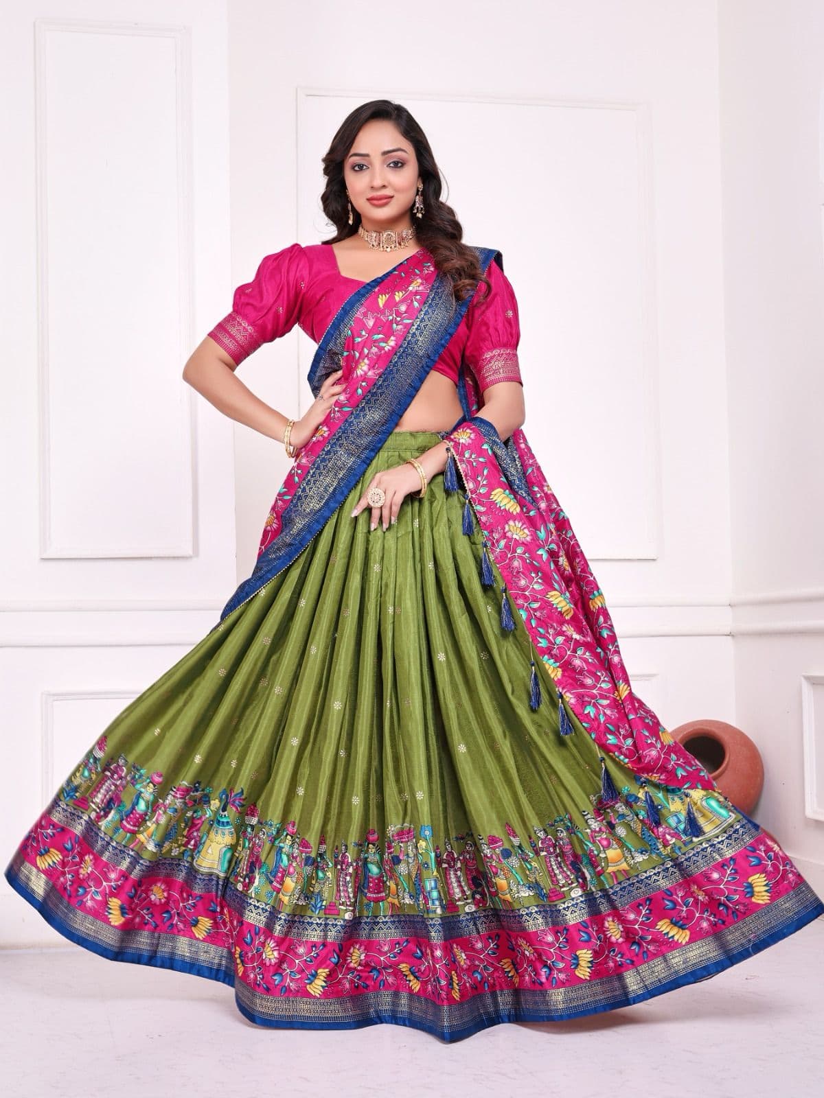 Green Dola Silk Couple Combo Men Kurta & Women Lehenga Set